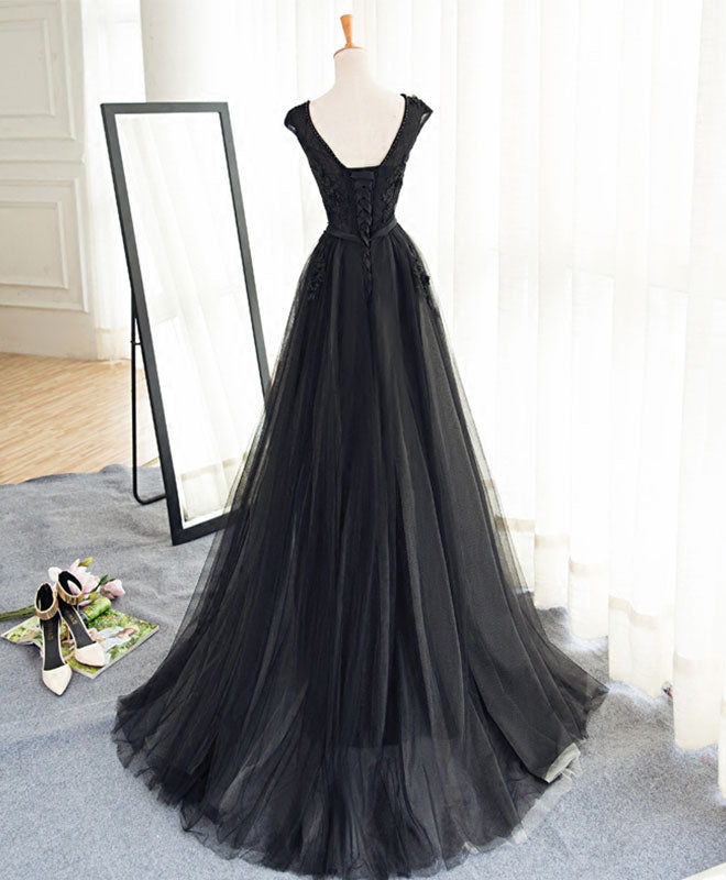 Elegant Black A-Line Tulle Lace Long Prom Dress for Women - Perfect for Evening Gala, Formal Dance & Special Occasions