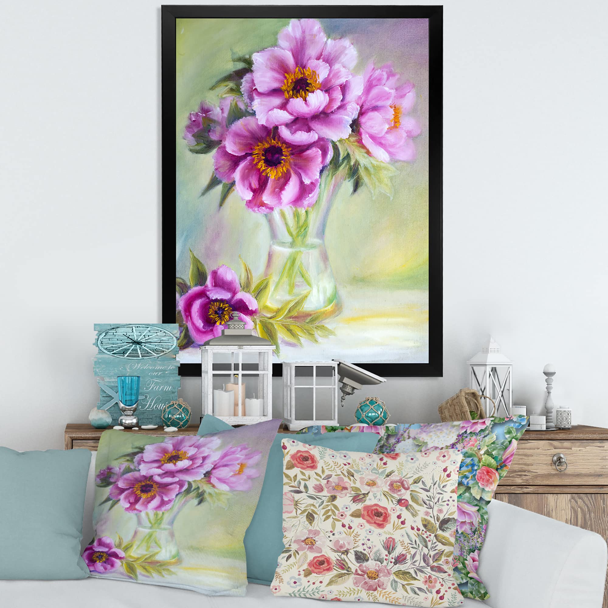 DesignQ Peonies in Vase Still Life Traditional Framed Wall Art - Floral Oil Painting for Living Room, Bedroom & Office Decor