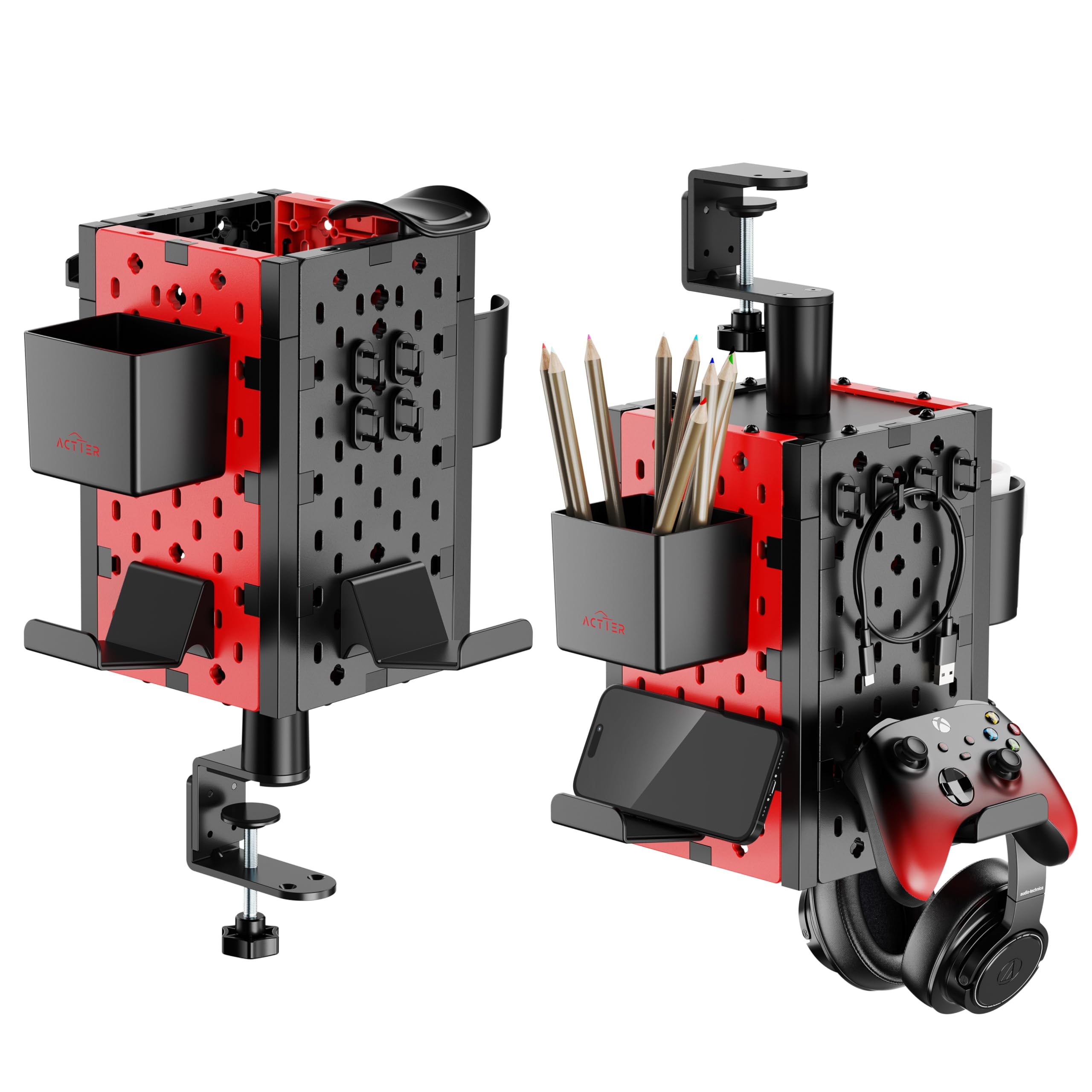 Clamp On Desk Organizer - 4-Panel Pegboard with Controller Stand, Headphone Holder & Pen Storage | Perfect for Office Cubicles, Gaming Setups & Home Workspaces | Space-Saving Desk Accessories (1 Unit)