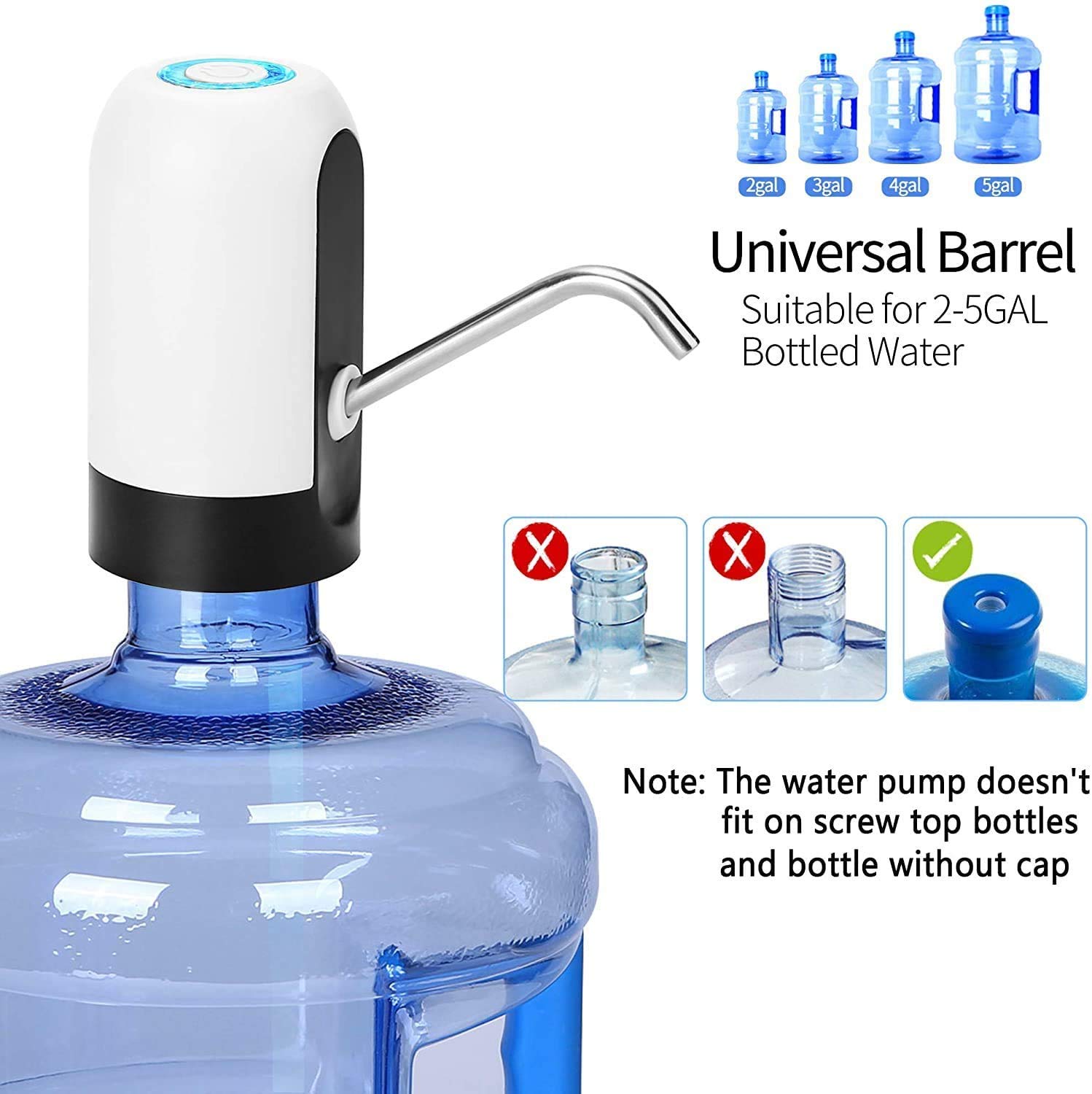 VASLON Electric Water Bottle Pump - Portable USB Charging Automatic Water Dispenser for 5 Gallon Bottles - Ideal for Home, Office, Camping & Travel (White)