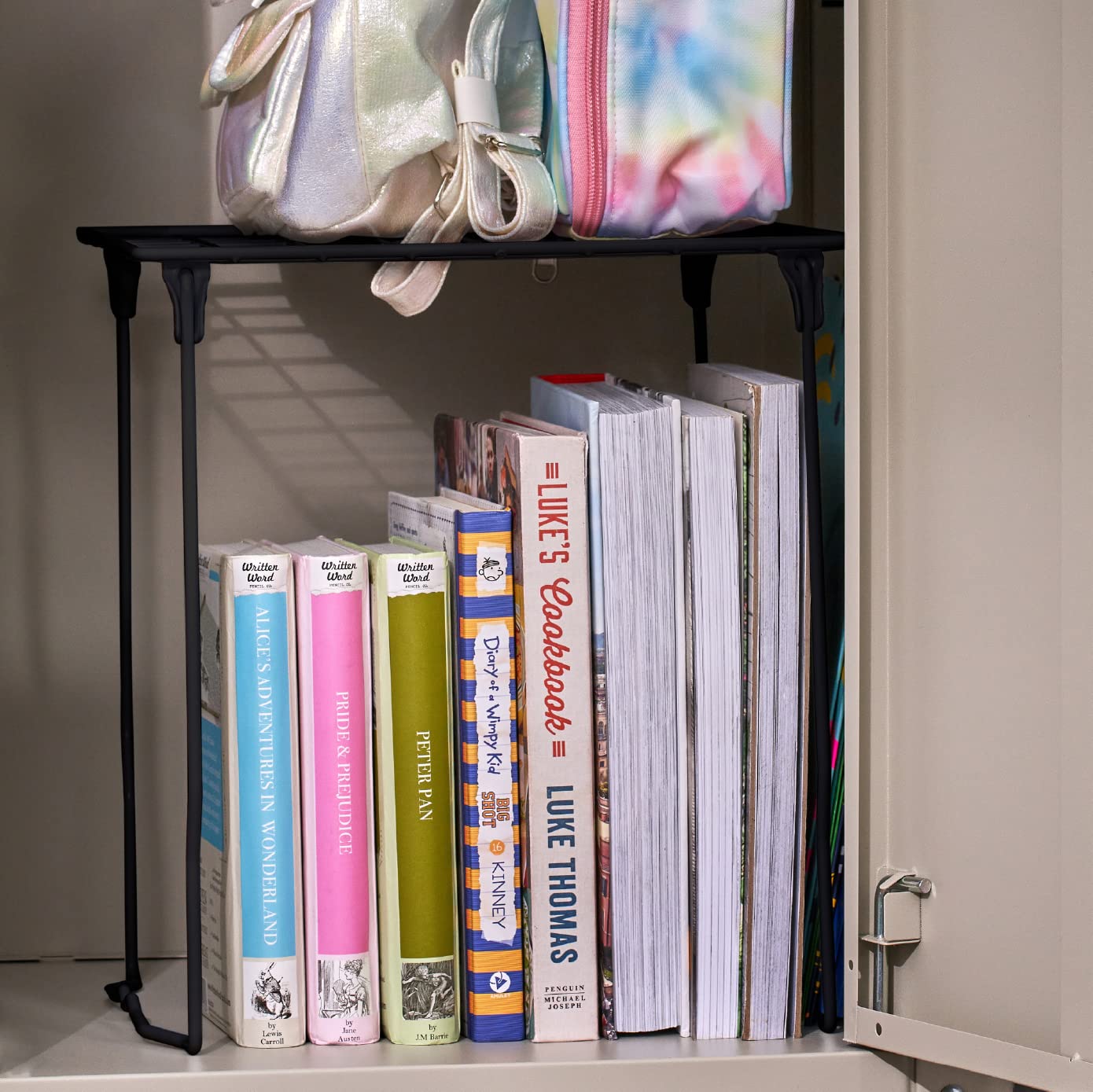 LockerMate Stac-A-Shelf Locker Organizer - Stackable Extra Tall Shelf for Standard School Lockers - Black - Perfect for Organizing Books, Binders & School Supplies