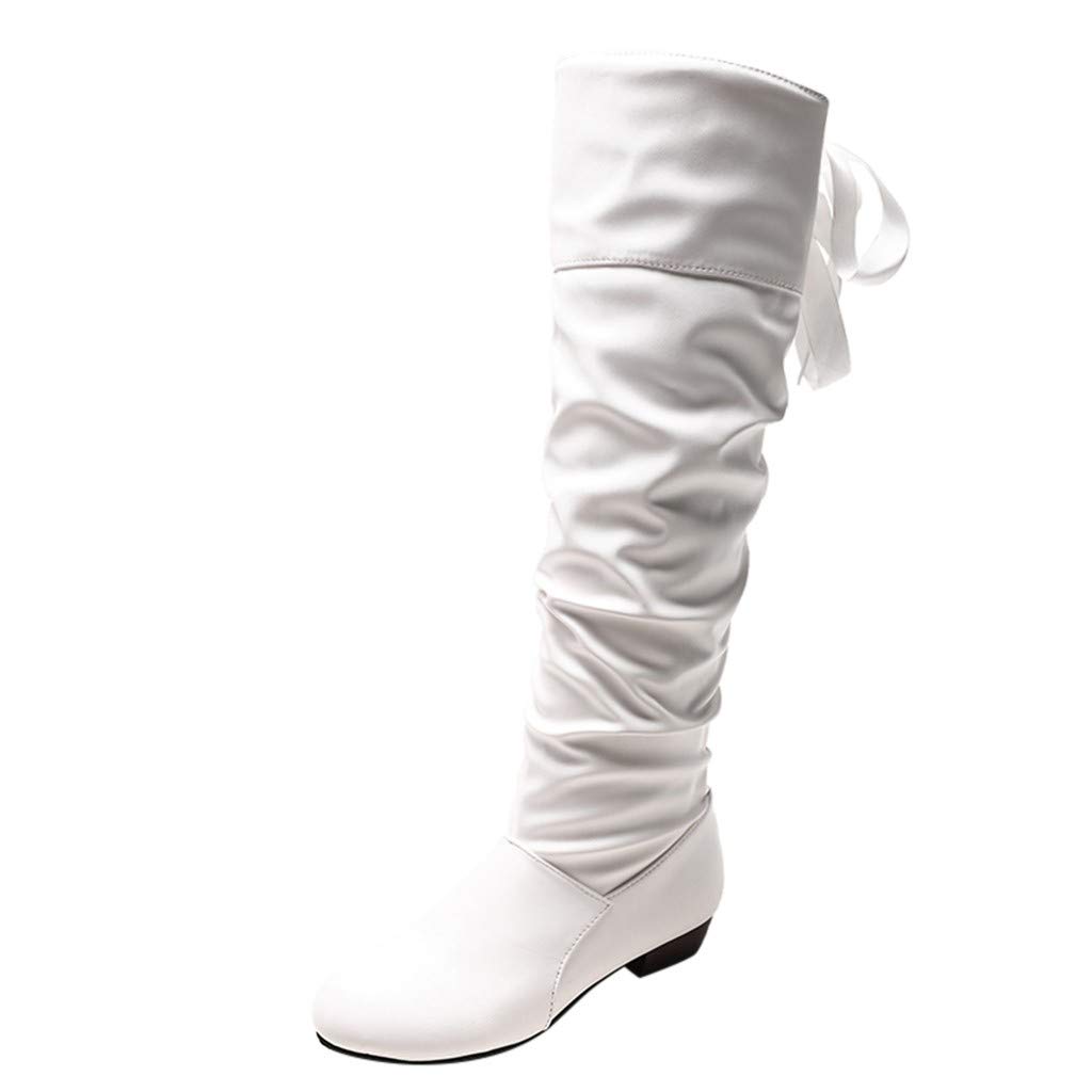 **Pink Cowboy Boots for Women - Warm Knee High Boots with Lace Straps, Wide Calf Suede Flat Boots - Large Size Comfortable Student Shoes for Western Style, Fall Fashion & Outdoor Activities**