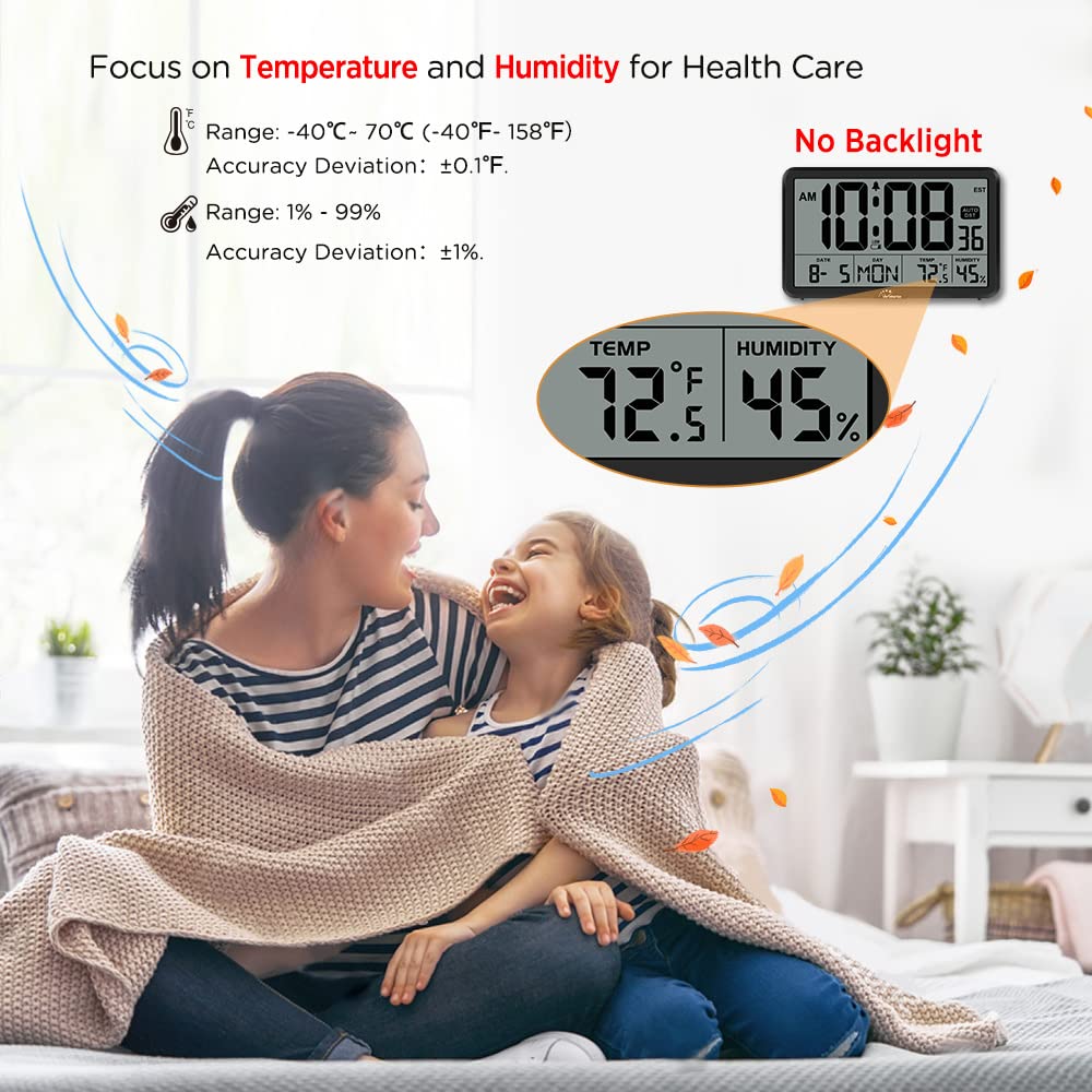 WallarGe Auto Set Digital Wall Clock - Large Display with Temperature, Humidity & Date - Battery Operated Desk Clock for Elderly, Bedroom & Office - 8 Time Zones & Auto DST - Perfect for Home, Office & Travel Use