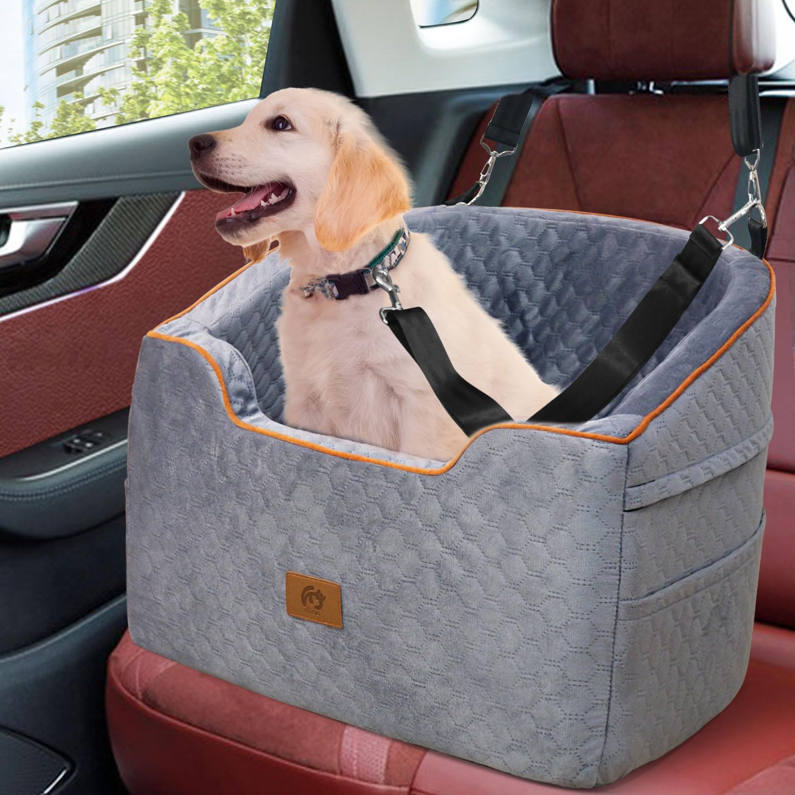 OTOB Dog Car Seat for Small & Medium Dogs Under 37lbs - Washable Memory Foam Pet Booster Seat with Storage Pockets & Safety Belts | Detachable Travel Bed for Car | Perfect for Road Trips & Daily Commutes