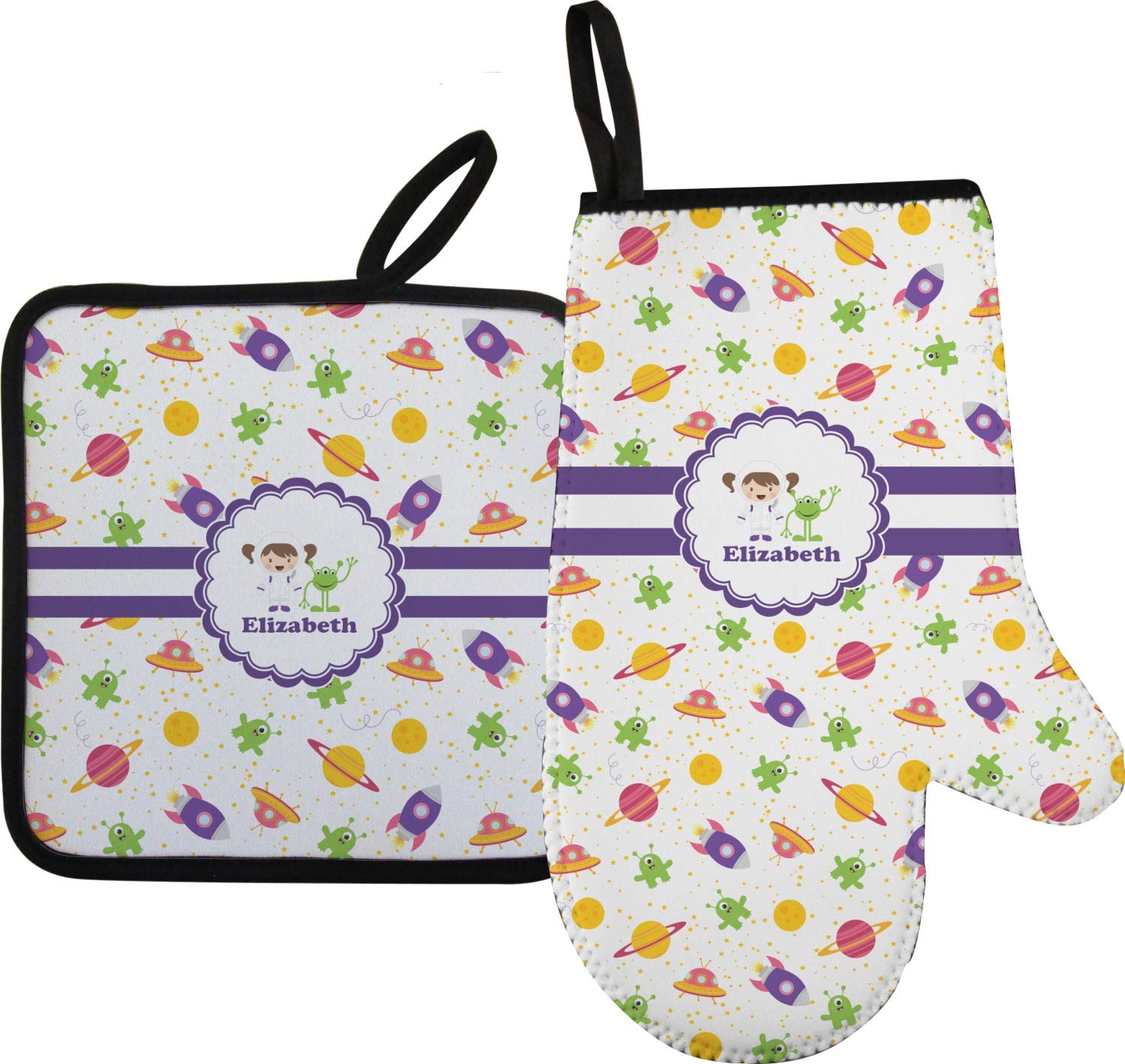 Custom Girls Space Themed Oven Mitt and Pot Holder Set - Personalized with Name or Text - Perfect for Baking, Cooking, and Kitchen Decor