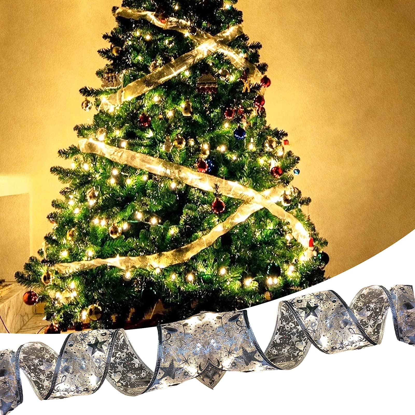 Walbest LED Christmas Tree Ribbon Lights - Battery Operated Fairy Lights for Holiday Decor, 2M Silver Warm White Tree Ornaments | Perfect for Indoor/Outdoor Xmas Tree, Wreaths, Mantels & Party Decorations