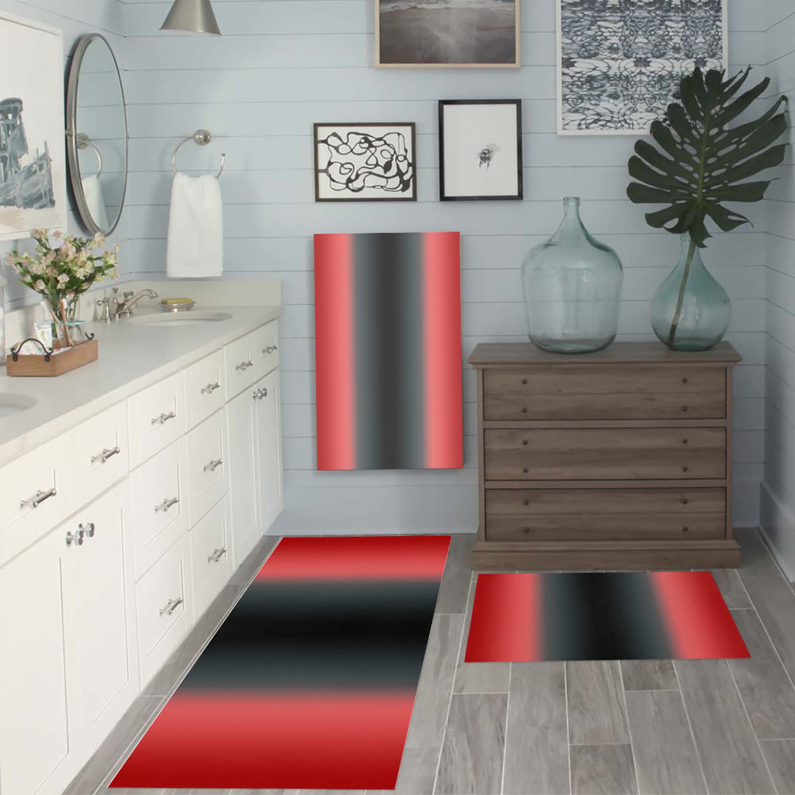 Washable Non-Slip Kitchen Rugs Set of 2 - Red Black Ombre Cushioned Floor Mats for Sink, Laundry & Bathroom (20