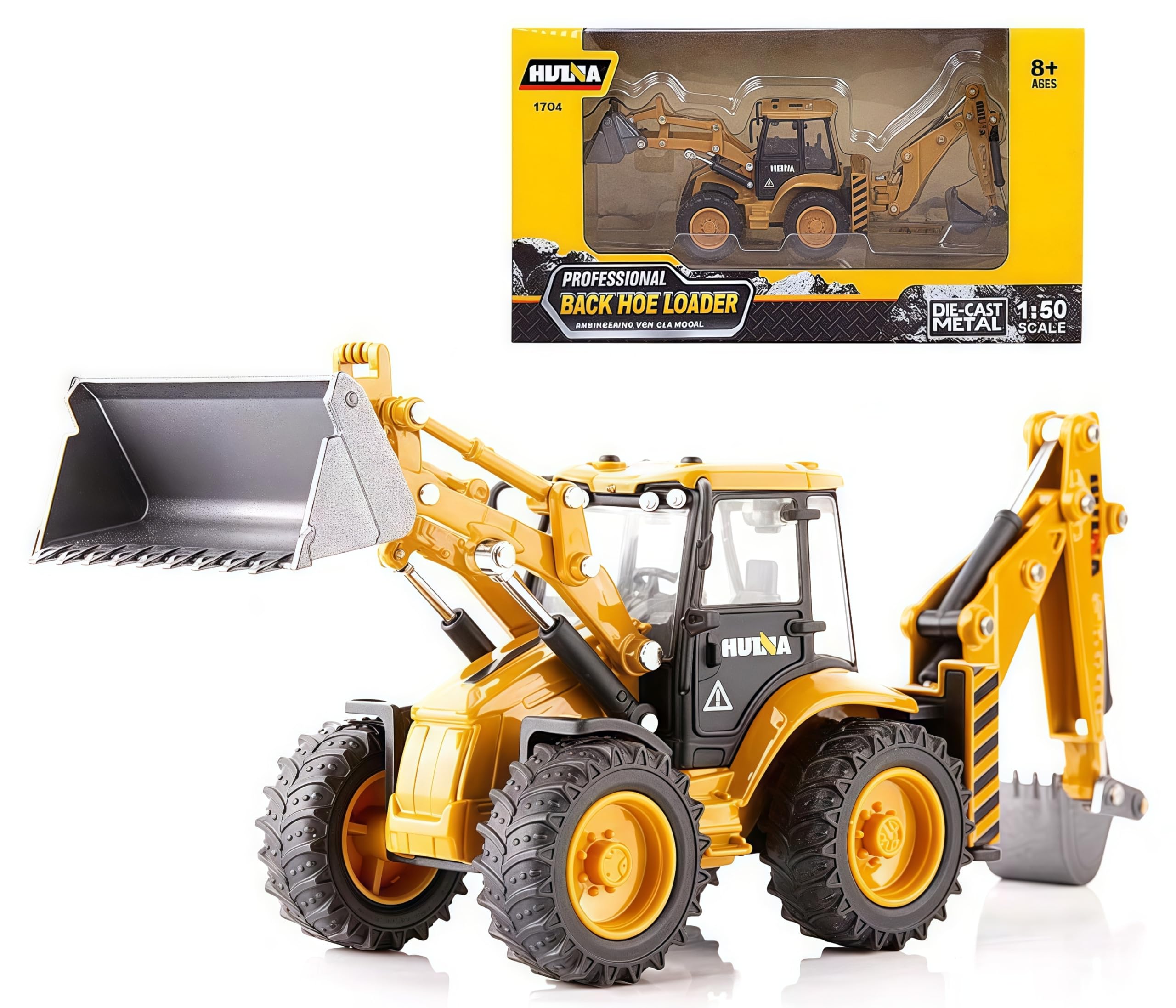 Gemini & Genius 1/50 Scale Backhoe Loader Toy for Kids - 2 in 1 Alloy Construction Vehicle with Interchangeable Front Loader & Backhoe | Durable Digger Toy for Sandbox Play, Construction Pretend Play & STEM Learning | Perfect Gift for Boys Ages 3-8