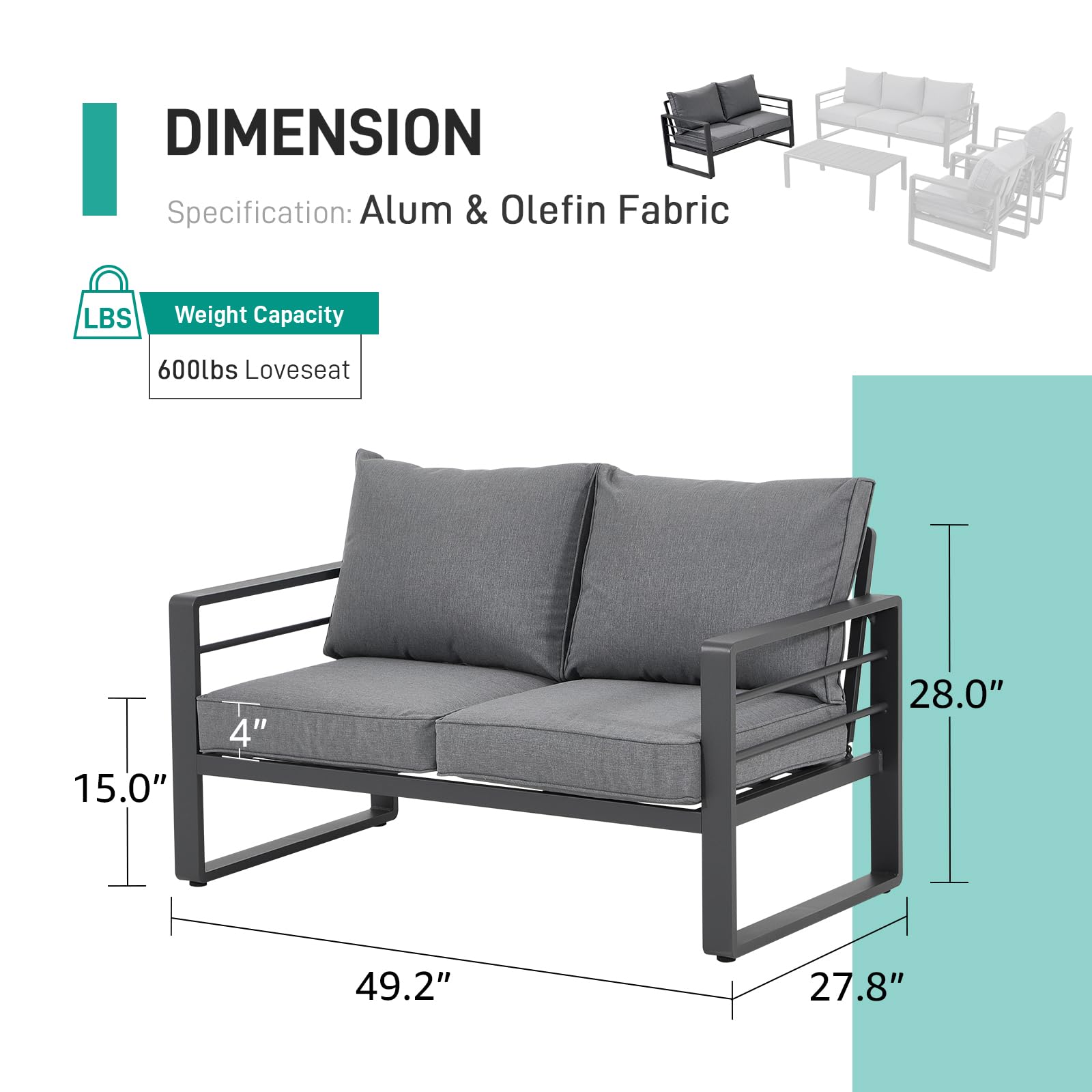 Aluminum Patio Furniture Set - 2-Seater Outdoor Loveseat Sofa with Olefin Cushions, All-Weather Dark Grey Metal Chairs, 600 lbs Weight Capacity for Deck, Garden & Backyard Relaxation