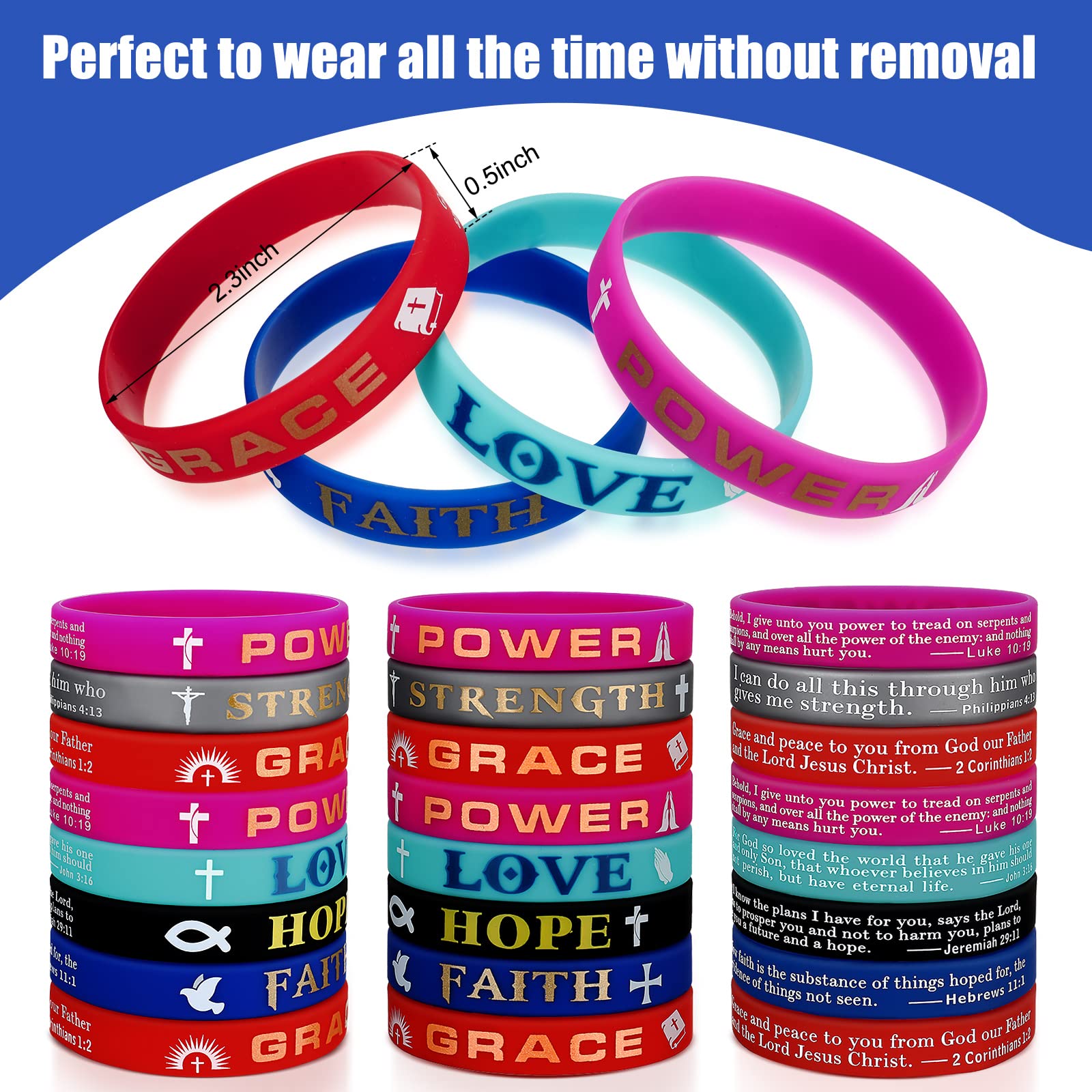 48 Pcs Christian Silicone Wristbands - Bible Verse Bracelets with Inspirational Scripture (Hope, Faith, Strength, Grace, Love) - Religious Gifts for Men & Women - Perfect for Church Events, Bible Study Groups, and Daily Encouragement