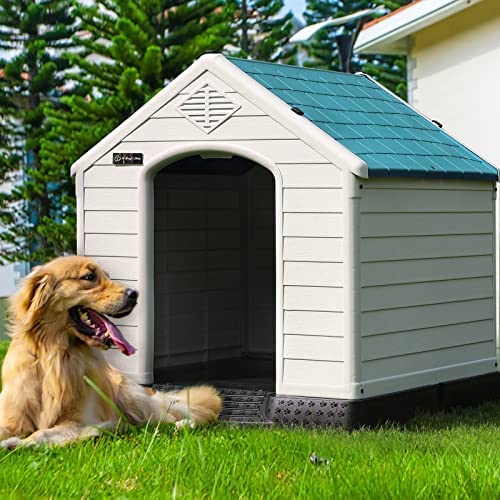 OFIKA Insulated Plastic Dog House for Small Medium & Large Dogs - Durable Waterproof Outdoor/Indoor Dog Kennel with Air Vents, Elevated Floor & Easy Assembly - Perfect for Backyard, Patio or Garage Use
