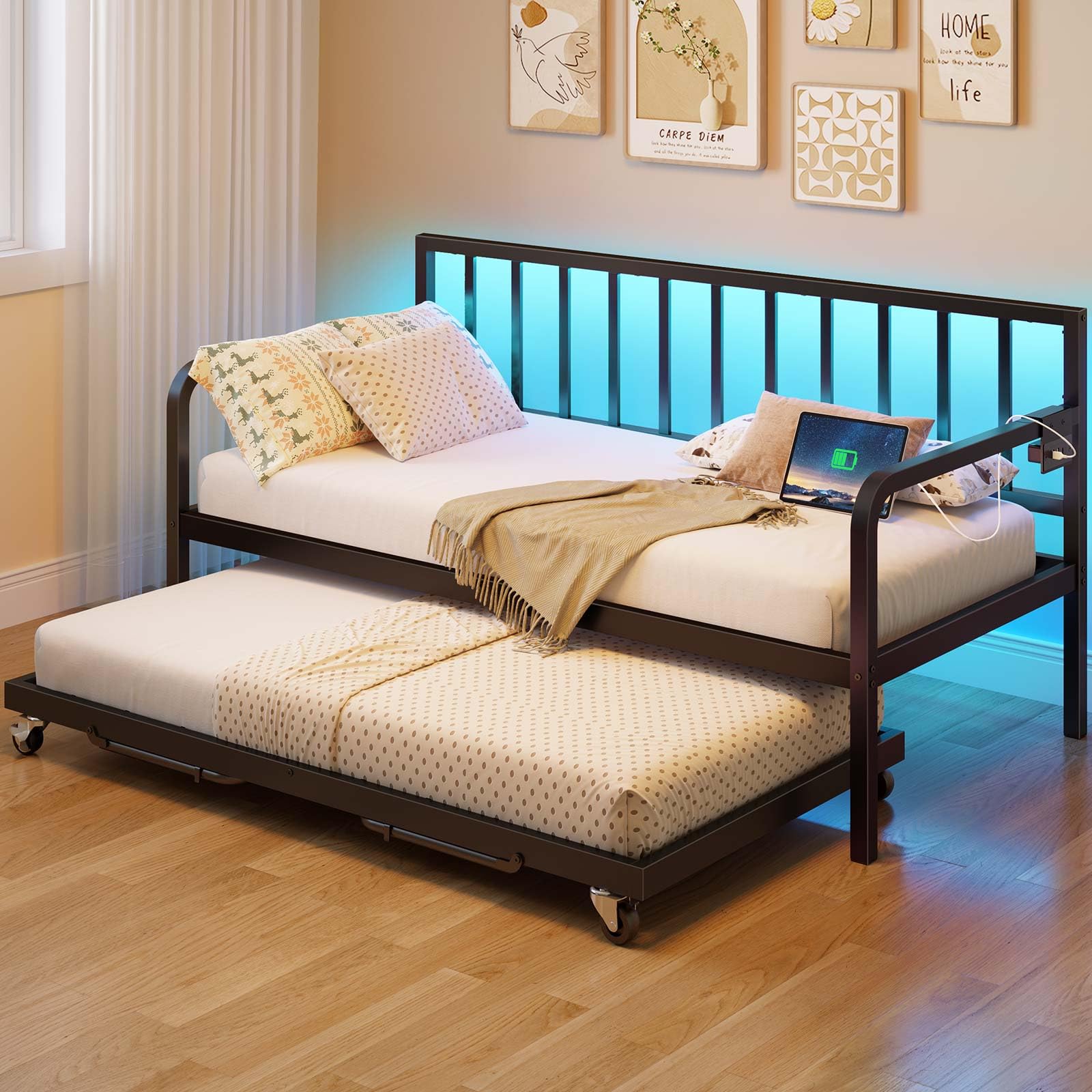 Rolanstar Adjustable Height Twin Daybed with Trundle - Metal Sofa Bed Frame with Built-in USB Charging Station & LED Lights, Steel Slat Support - Perfect for Small Spaces, Living Room, Bedroom & Guest Room - Black