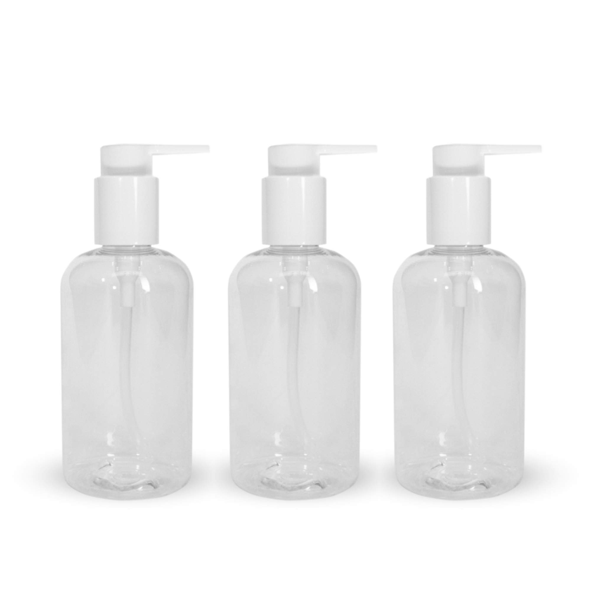 UHI Cosmetics 8 Oz. Empty Boston Round PET Bottles with Pump - 24 Pack Clear Reusable Containers for Hand Sanitizer, Lotion, Shampoo, Conditioner, Cream & Soap | Perfect for Home, Salon, Travel & DIY Projects