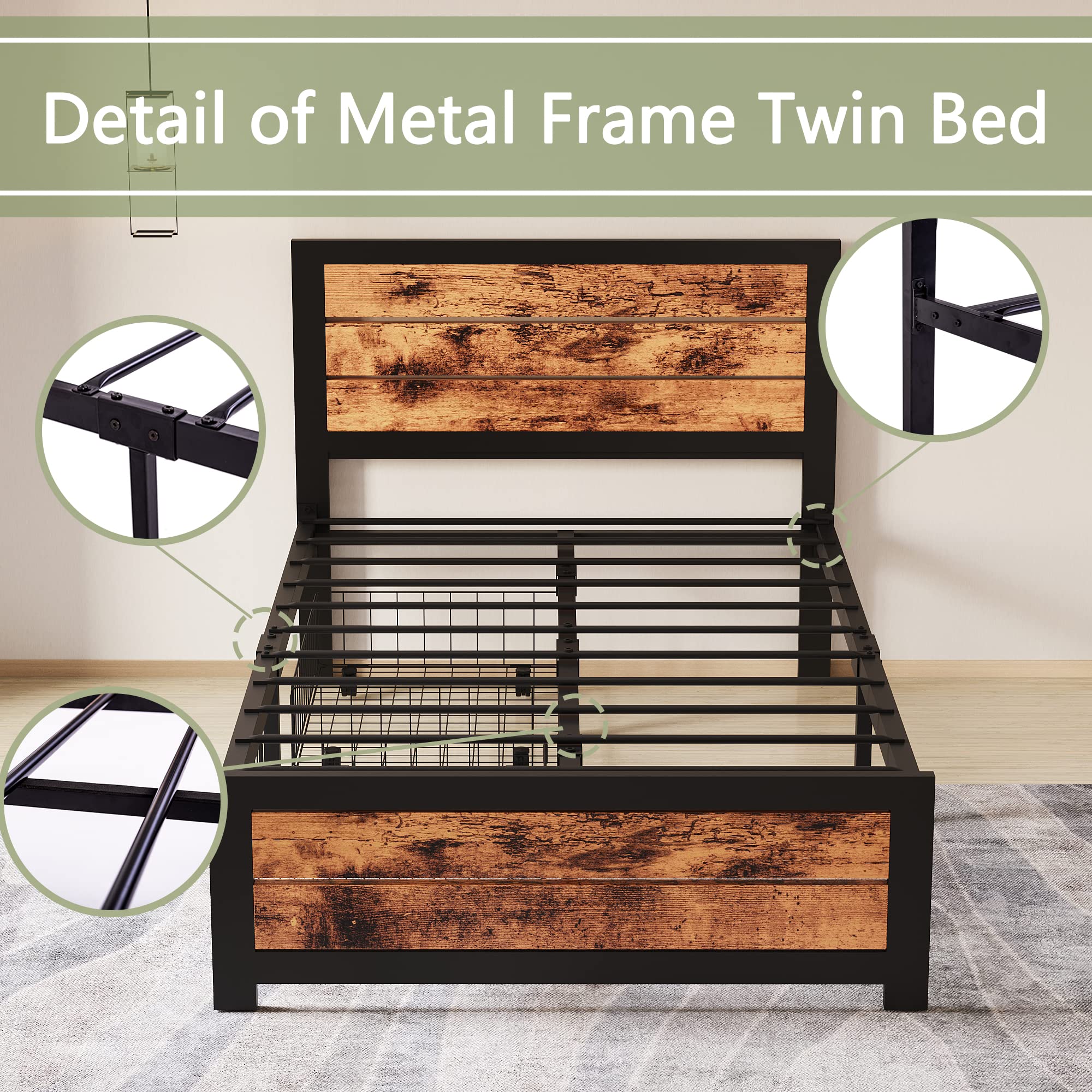 DHMAKER Twin Bed Frame with Storage & Headboard - Sturdy Metal Platform Bed with Steel Slats & 2 Underbed Carts - No Box Spring Needed - Perfect for Kids, Teens & Adults Bedrooms, Dorms & Guest Rooms