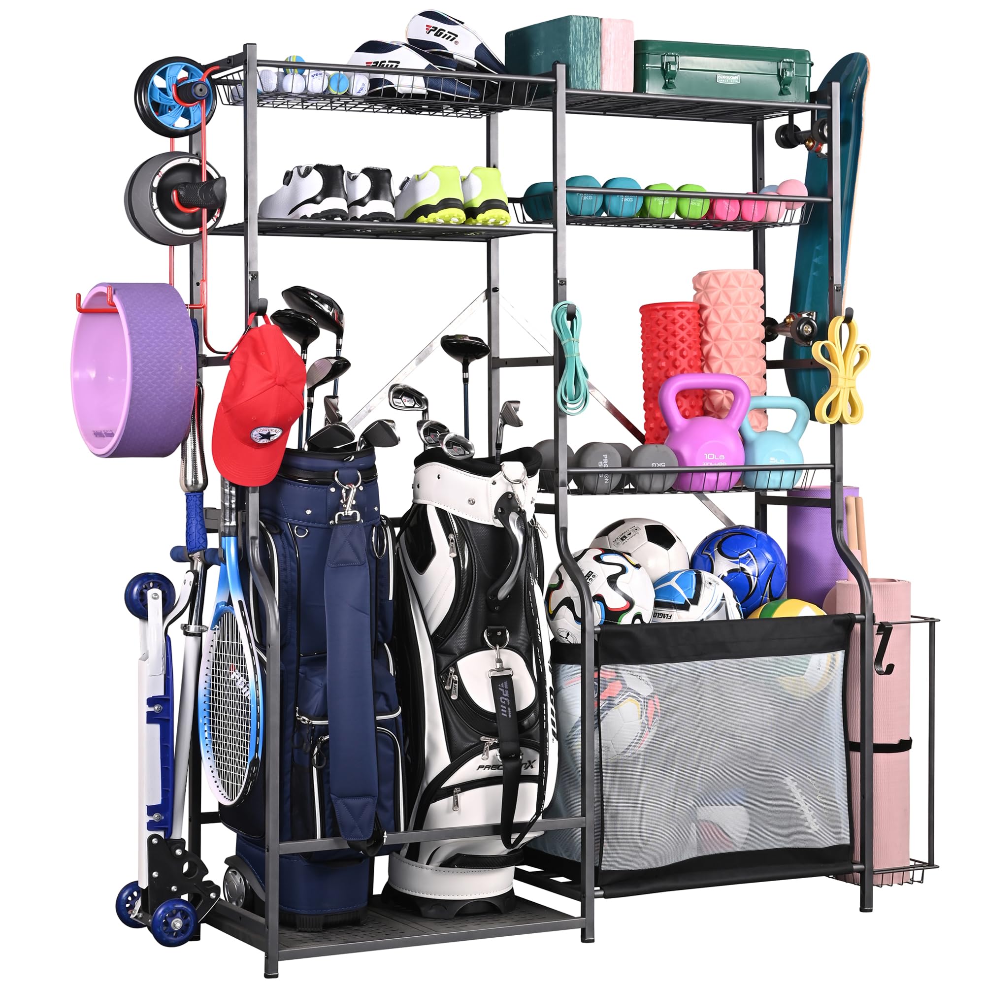 PLKOW Extra Large Golf Ball Storage Rack - 2 Golf Bag Organizer & Sports Equipment Holder for Garage - Durable Golf Accessories Organizer for Clubs, Balls & Gear - Perfect for Home, Garage & Golf Course Storage