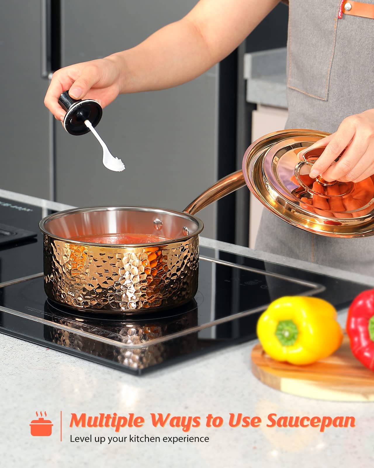 DAEDALUS 4 Quart Uncoated Nonstick Saucepan with Lid - Stainless Steel Triply Hammered Copper Cookware for Induction Stovetops | Dishwasher & Oven Safe Rose Gold Pot for Home Kitchen & Restaurant Use | Perfect for Soups, Sauces, and Everyday Cooking
