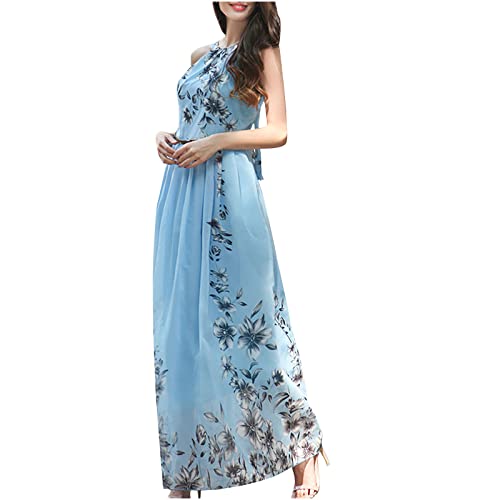 JUPAOPON Women's Floral Print Boho Maxi Dress - Sleeveless Summer Halter Dress with Belt, Casual Beach Dress for Vacation, Bridesmaid, Pool Party & Outdoor Events