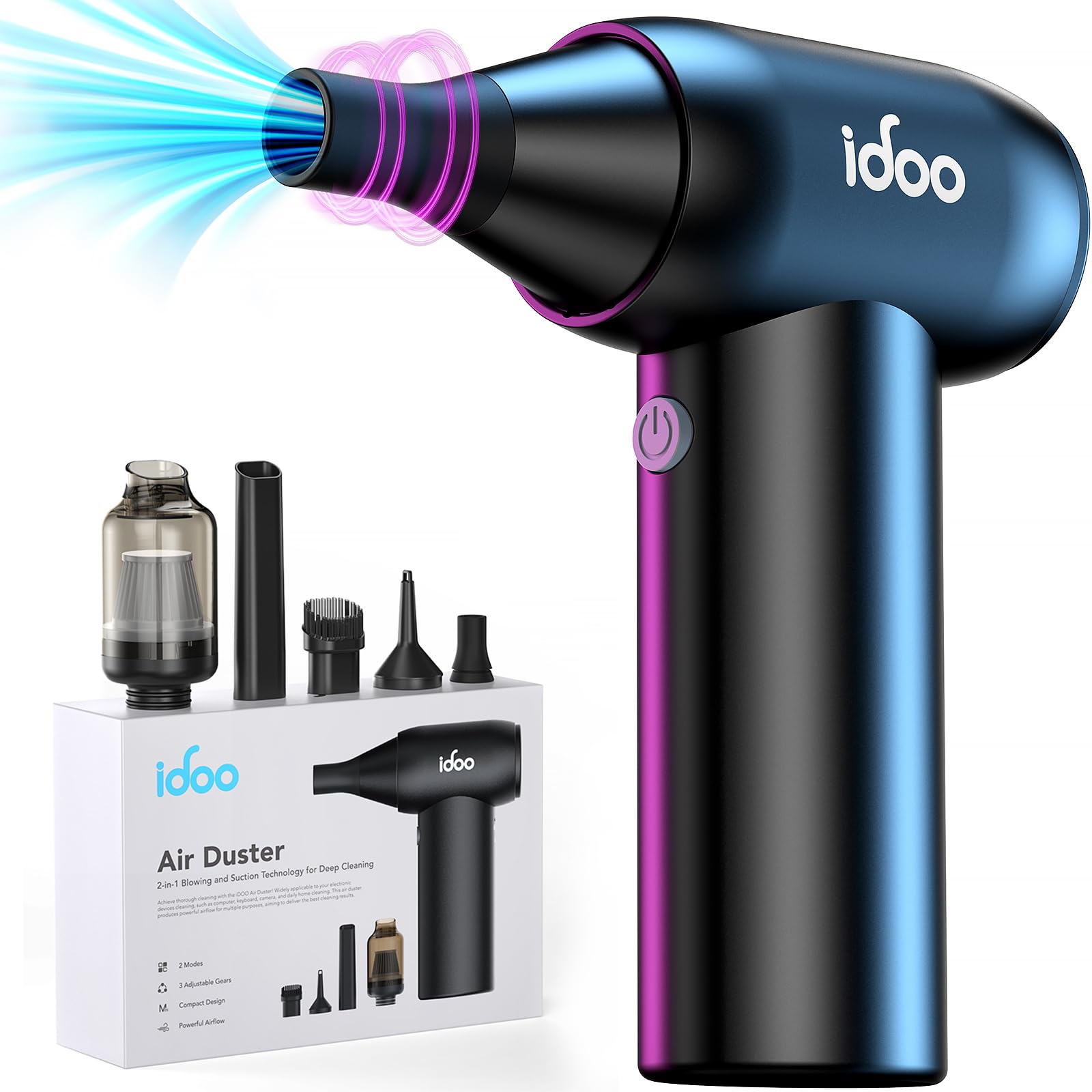 iDOO Cordless Electric Air Duster - 3-Speed for PC, Keyboard & Car Cleaning (Black)