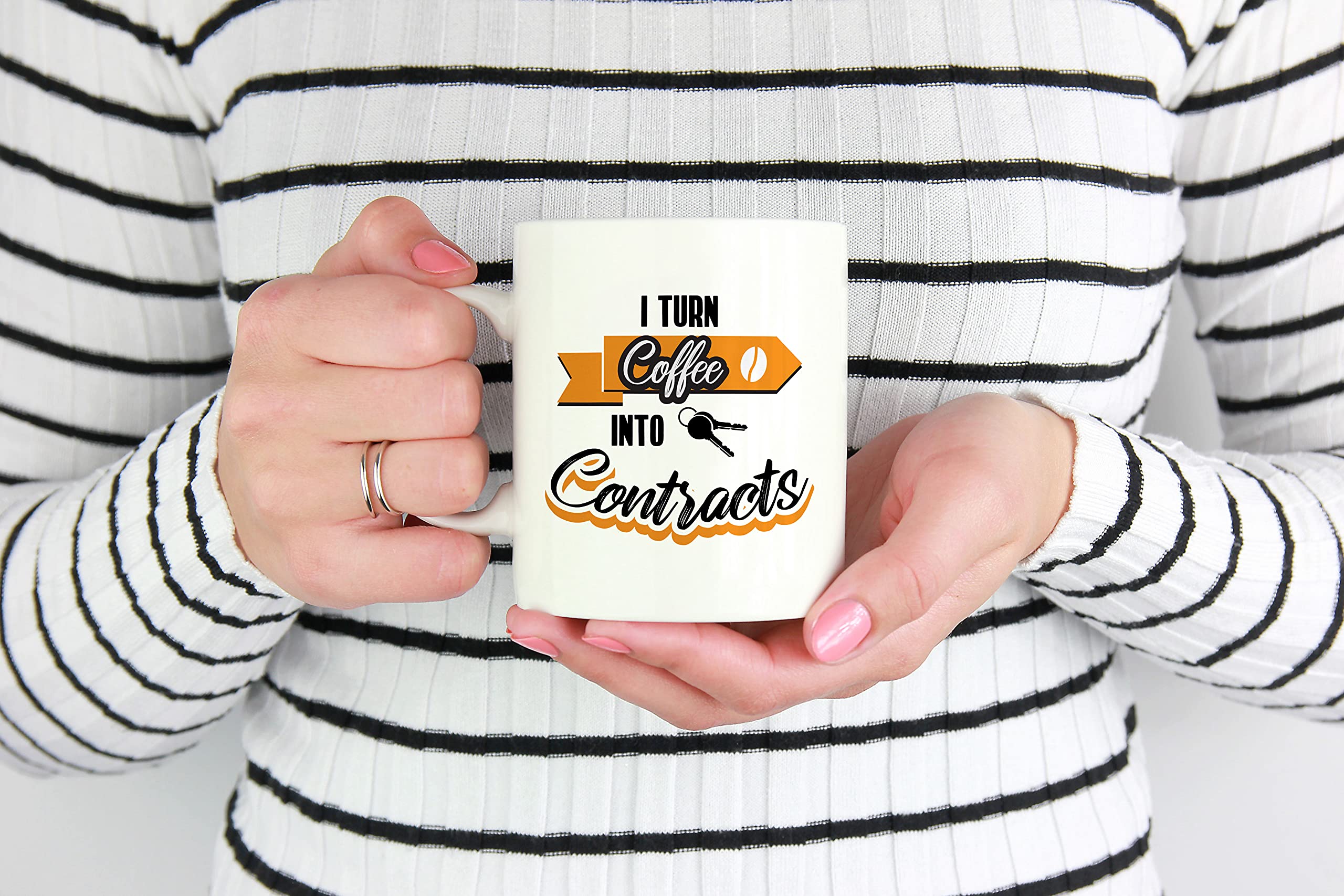White Ceramic Coffee & Tea Mug (11oz) - Perfect for Office, Home & Gifts - 'I Turn Coffee into Contracts' Funny Quote Mug