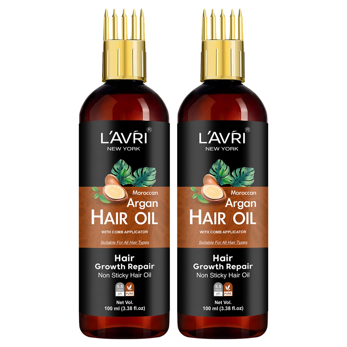 LAVRI Argan Hair Oil for Men & Women - 100% Pure Moroccan Oil for Hair Growth, Reduces Hair Loss & Dandruff - 100ml (Pack of 2) - Perfect for Dry, Damaged Hair & Scalp Care at Home or Salon