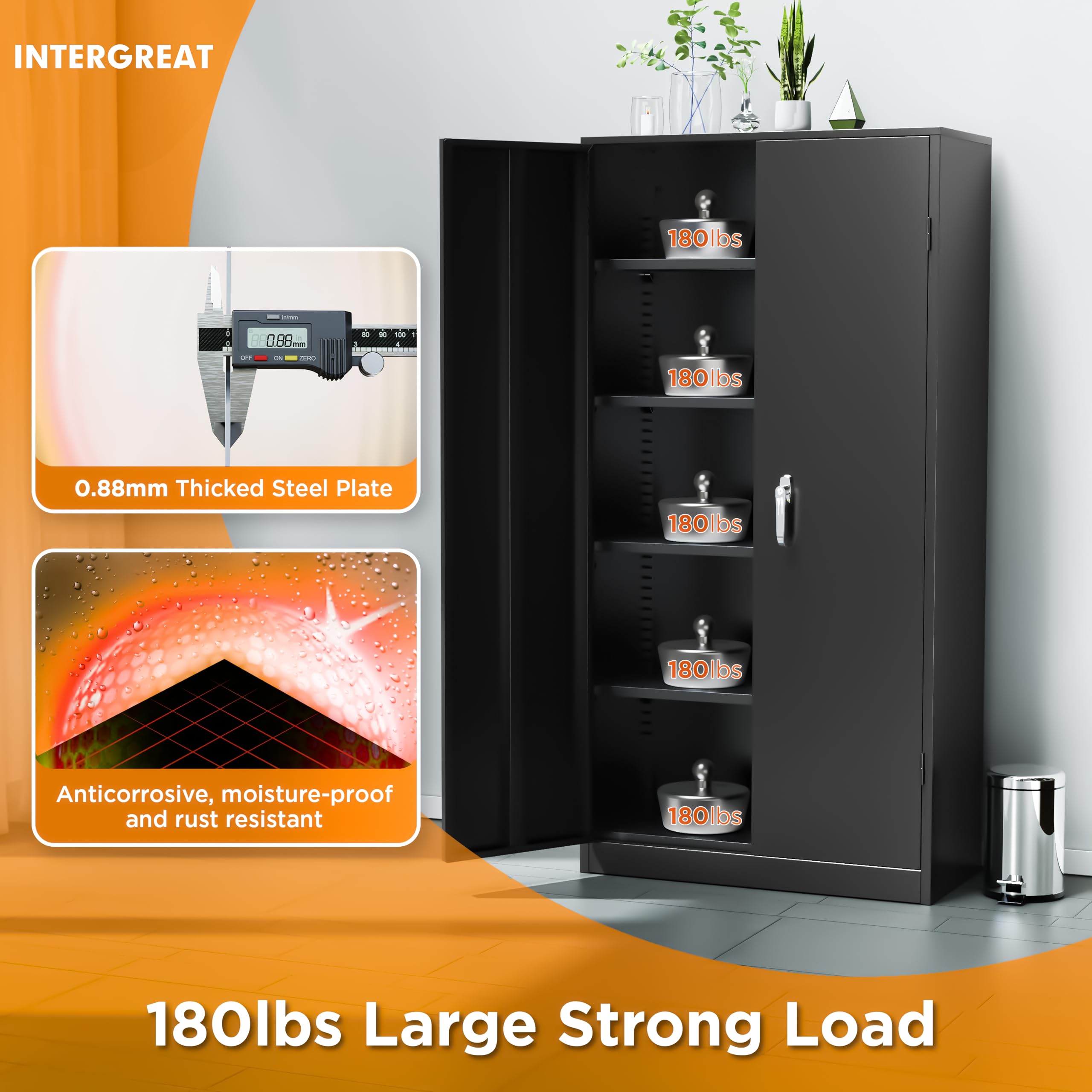 INTERGREAT Metal Storage Cabinet with Lock - Black Steel Garage & Home Office Cabinet with Doors & Shelves - Secure Supply Storage for Warehouse, Garage, Office & Workshop Organization