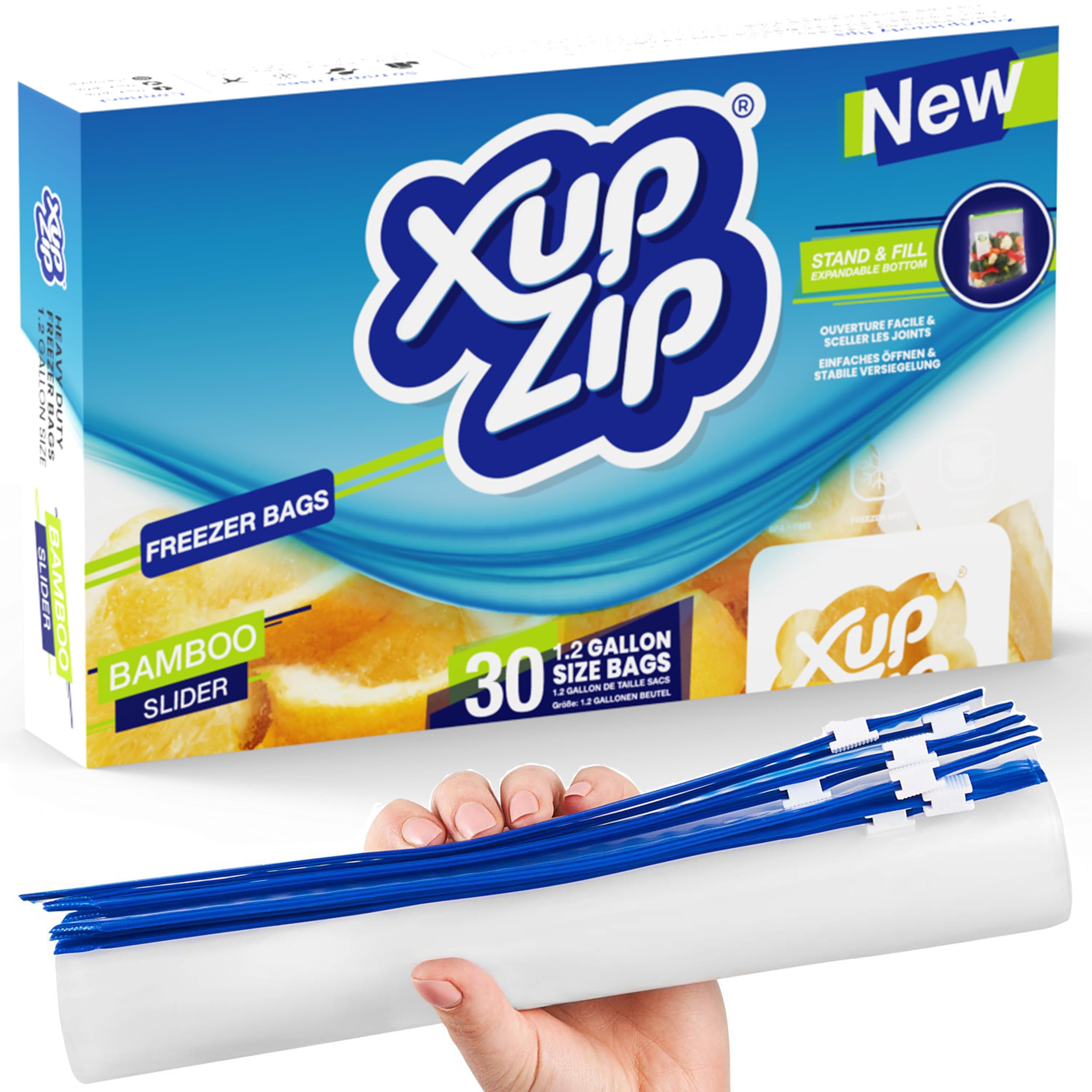 XupZip™ Heavy Duty Freezer Bags with Slider Zipper | Airtight Expandable Bottom Stand & Fill Food Storage Bags | BPA Free Gallon Size (30 Pack, 4.55L) for Meal Prep, Freezing & Organizing