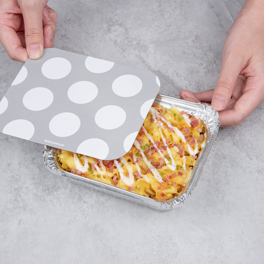 12 oz Rectangle Silver Aluminum Takeout Containers with Polka Dot Paper Lids - 5.75