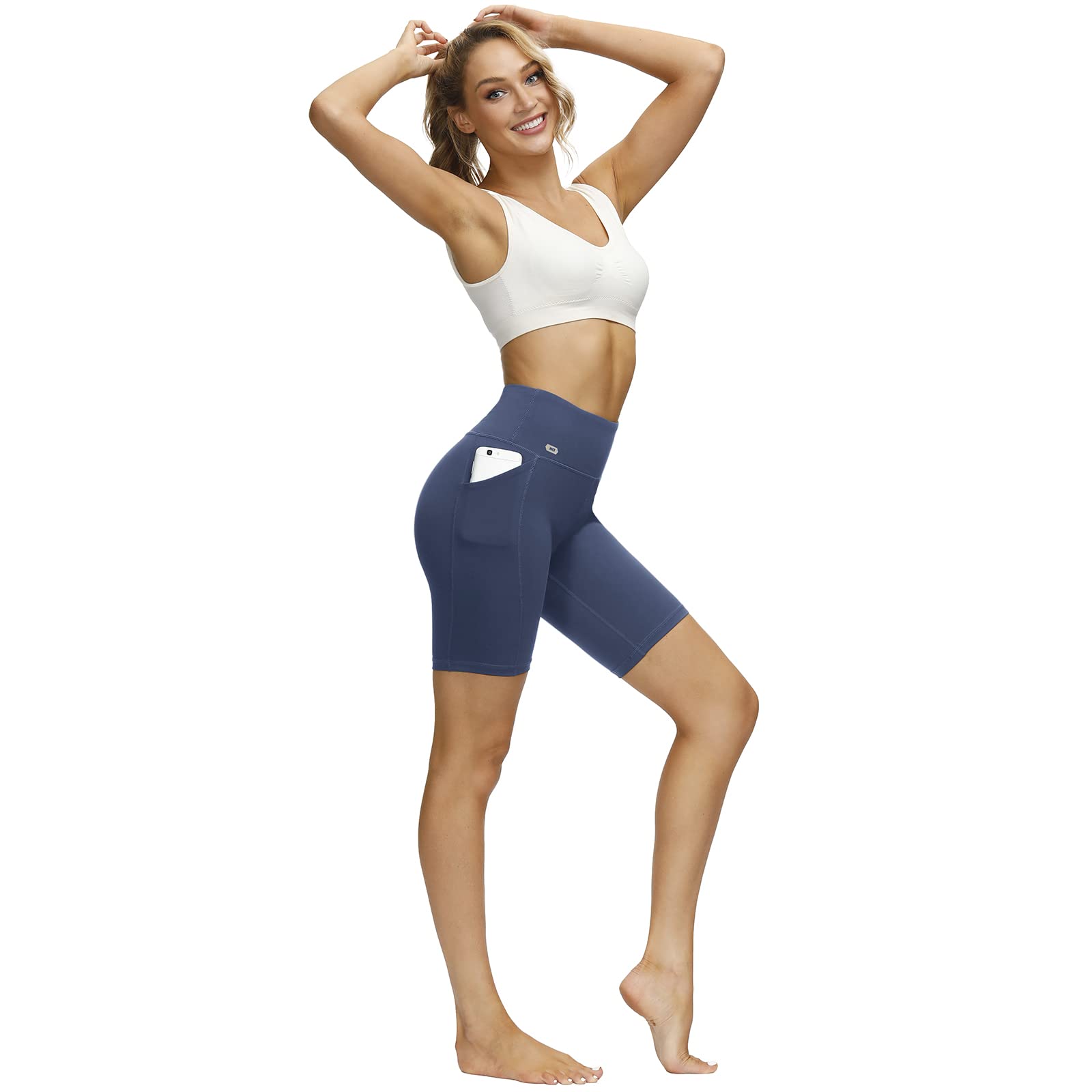 MIER Women's High Waist Yoga Shorts - 8 Inch Compression Biker Shorts with Side Pockets & Tummy Control for Workout, Running, Gym & Lounge Wear