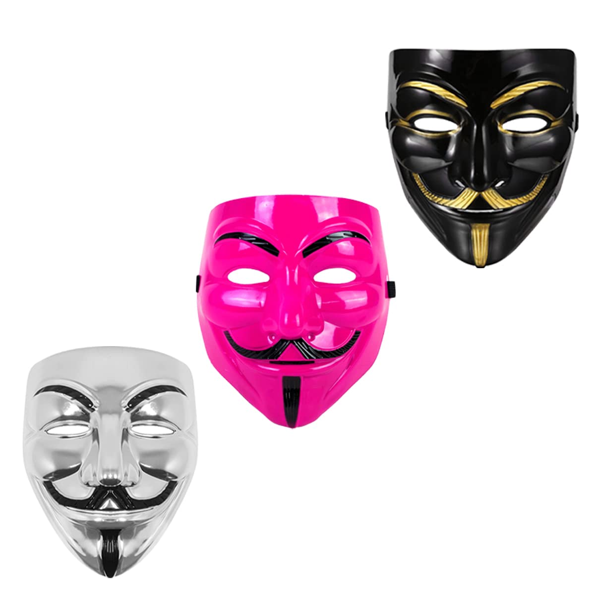 V for Vendetta Face Mask Set of 3 - Sage Square Black, Pink & Silver Anonymous Cosplay Mask | Perfect Fit for Halloween, Protests & Movie Costumes