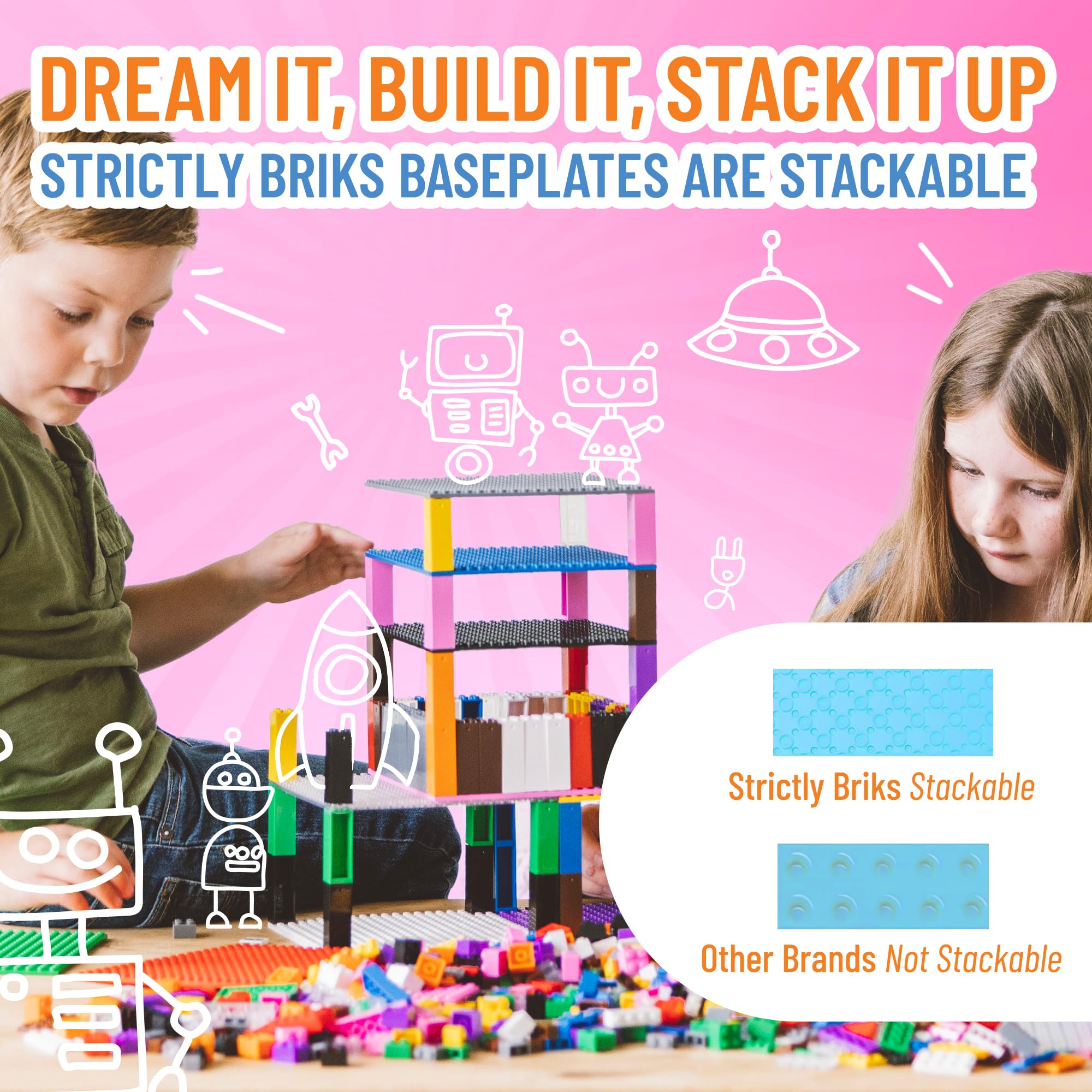 Strictly Briks Lego-Compatible Stackable Baseplates - 6x6 Inch Building Bricks for Towers, Shelves & Creative Play (4 Base Plates + 30 Stackers) - Red, Green, Blue & Yellow - Perfect for Kids' STEM Learning & Home Organization