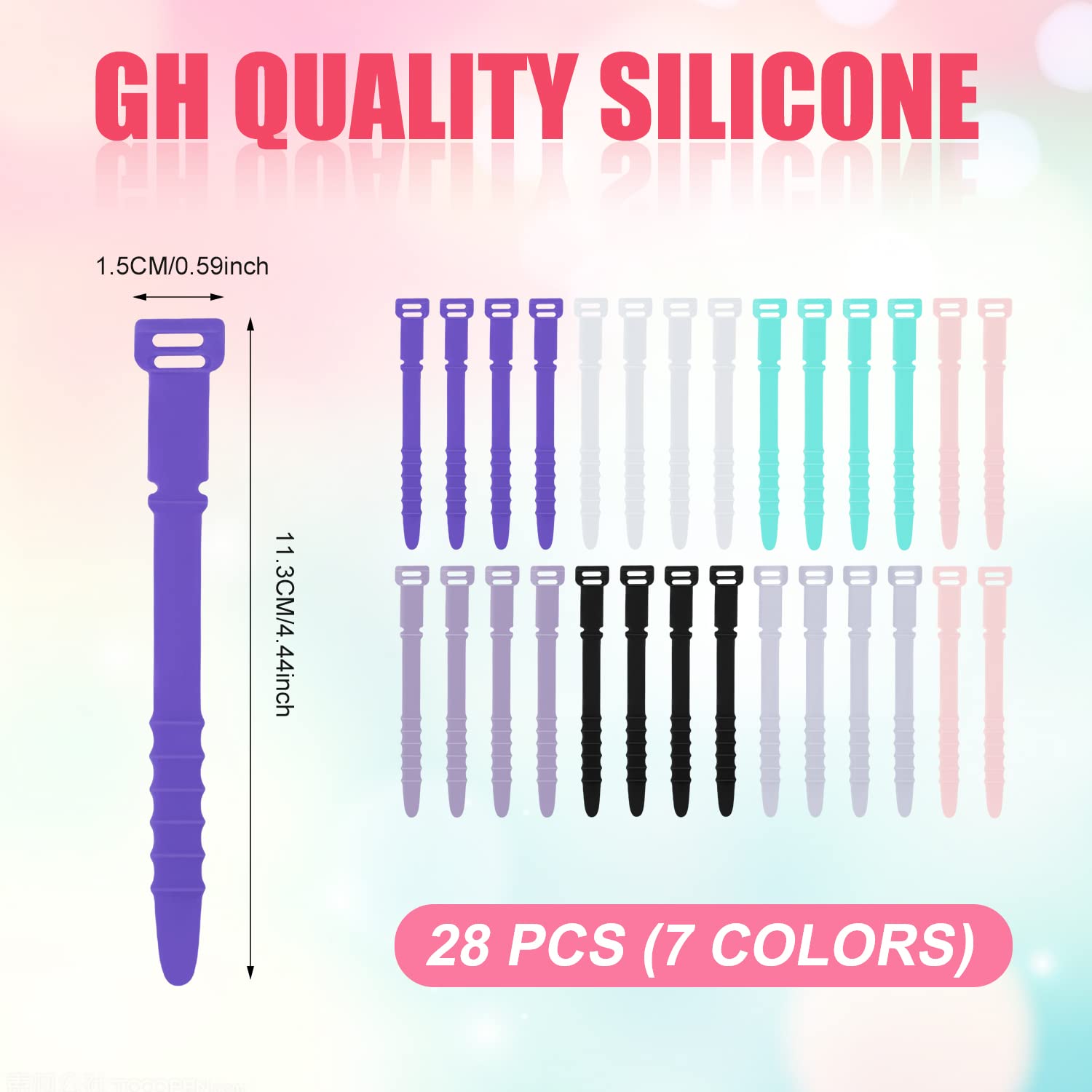 28pcs Reusable Silicone Cable Ties - 4.5inch Elastic Wire Organizer Straps for Charging Cables, USB Cables, Pens, Keychains & Earphones (7 Colors) - Perfect for Home, Office & Travel Cable Management