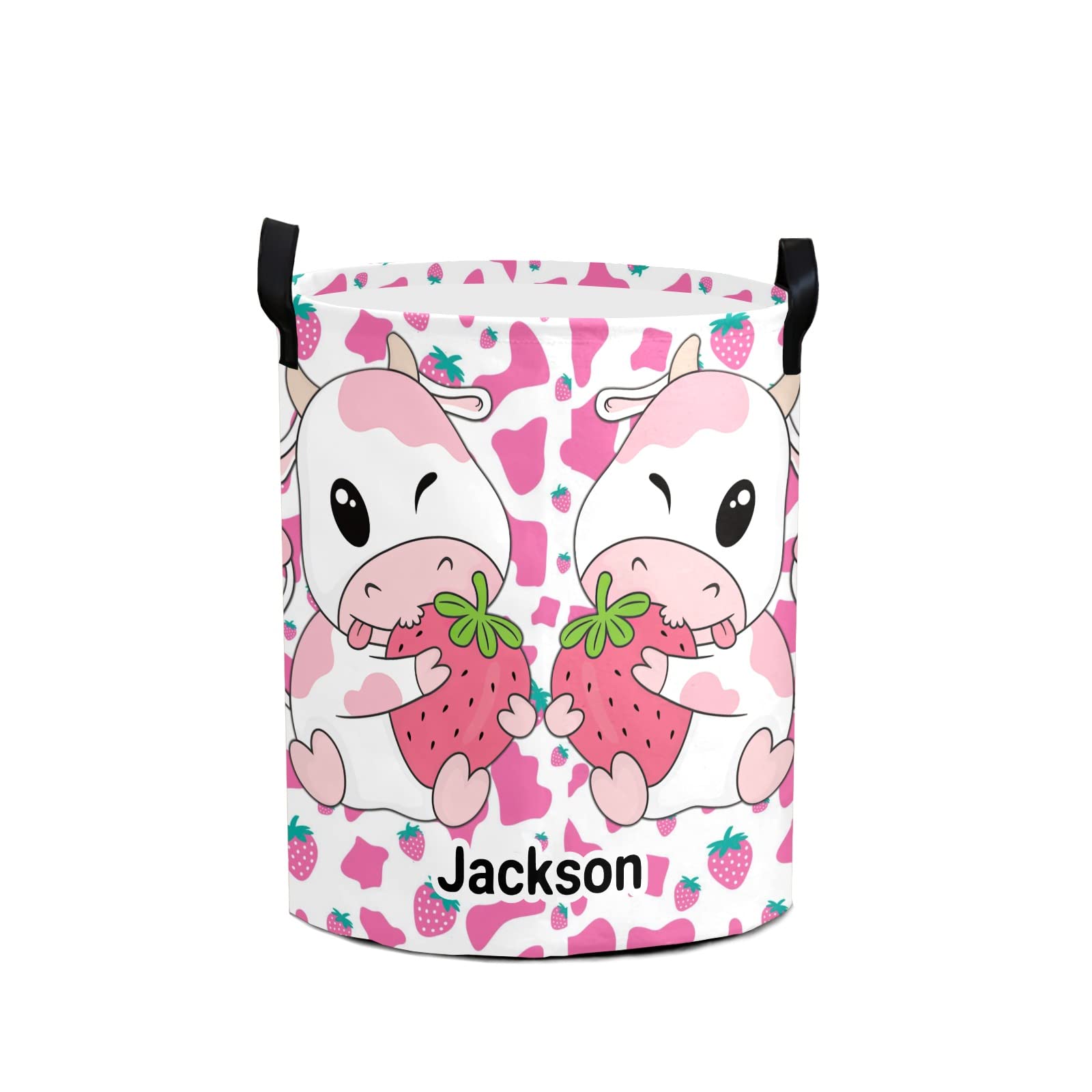 Custom Name Strawberry Cow Laundry Hamper - Collapsible Waterproof Clothes Storage Basket for Bedroom, Nursery & Dorm Decor - Perfect Gift for Kids & Teens (Dirty Clothes Organizer)