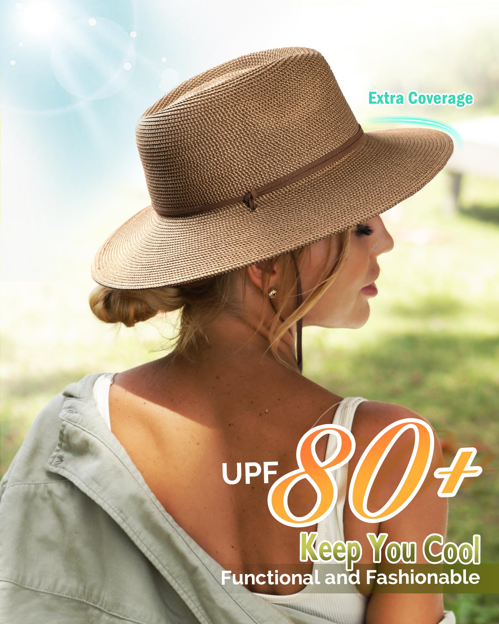 FURTALK Women's Summer Straw Sun Hat Wide Brim Panama Fedora Beach Hat with Wind Lanyard UPF 80+ UV Protection - Perfect for Beach, Pool, Vacation & Outdoor Activities