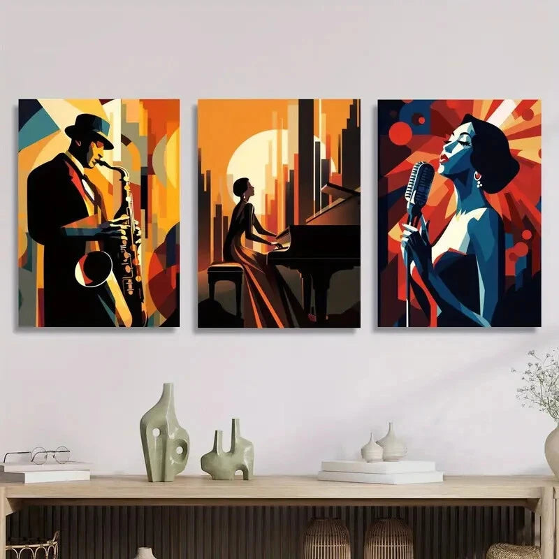 3-Piece Jazz Cubist Portrait Metal Wall Art Prints - Ready to Hang Modern Home Decor for Living Room, Bedroom & Office