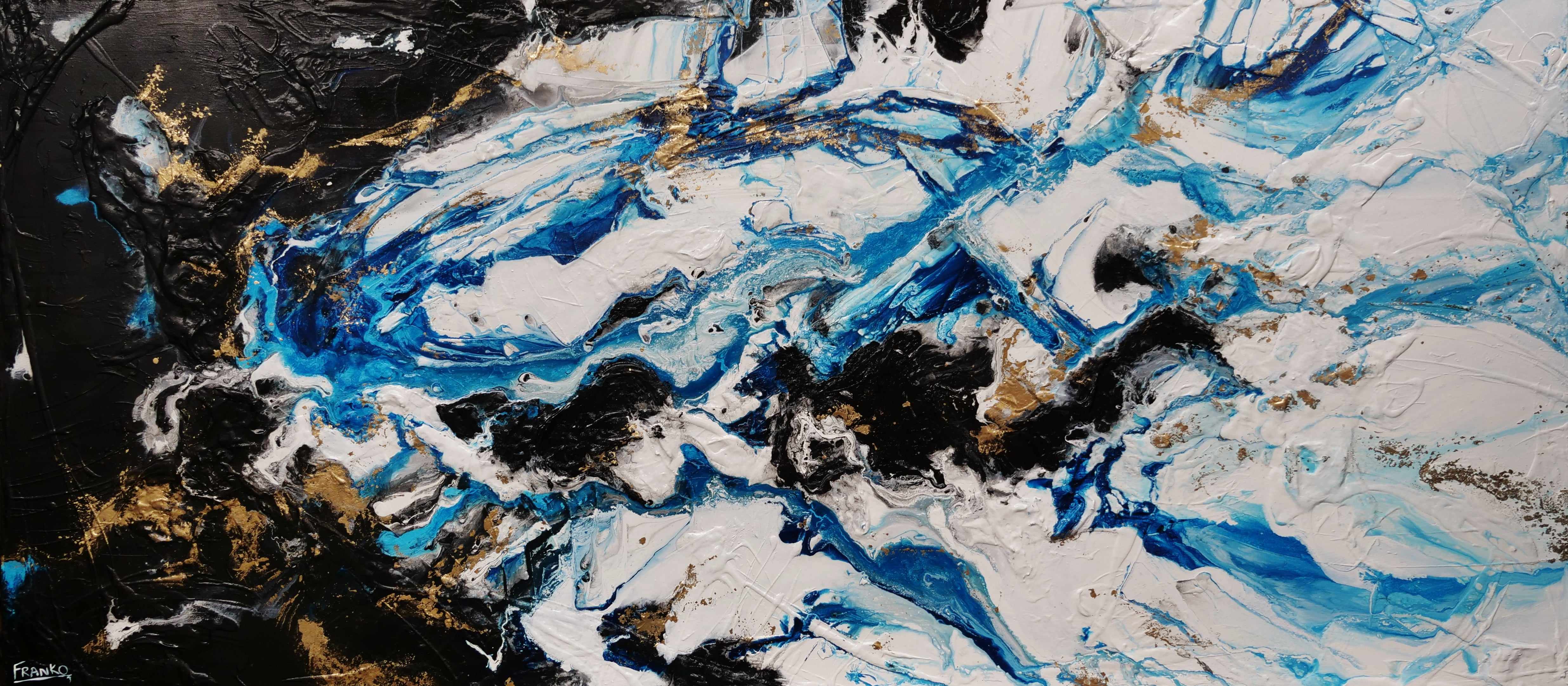 Cobalt Reign 270cm x 120cm Black Blue Gold Textured Abstract Canvas Art - Modern Wall Decor for Living Room, Bedroom & Office