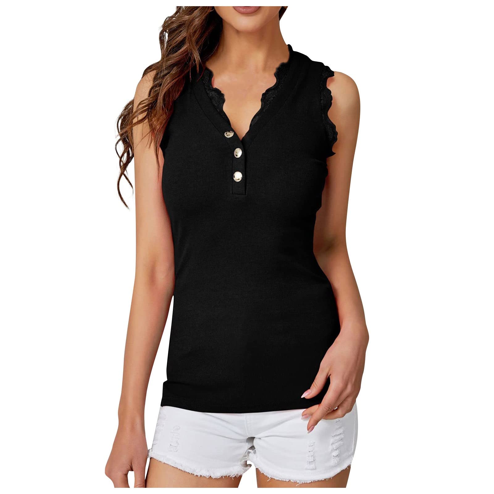 CUCUHAM Women's V-Neck Ribbed Sleeveless Lace Tank Top - Summer Solid Color Casual Blouse for Beach, Party & Everyday Wear