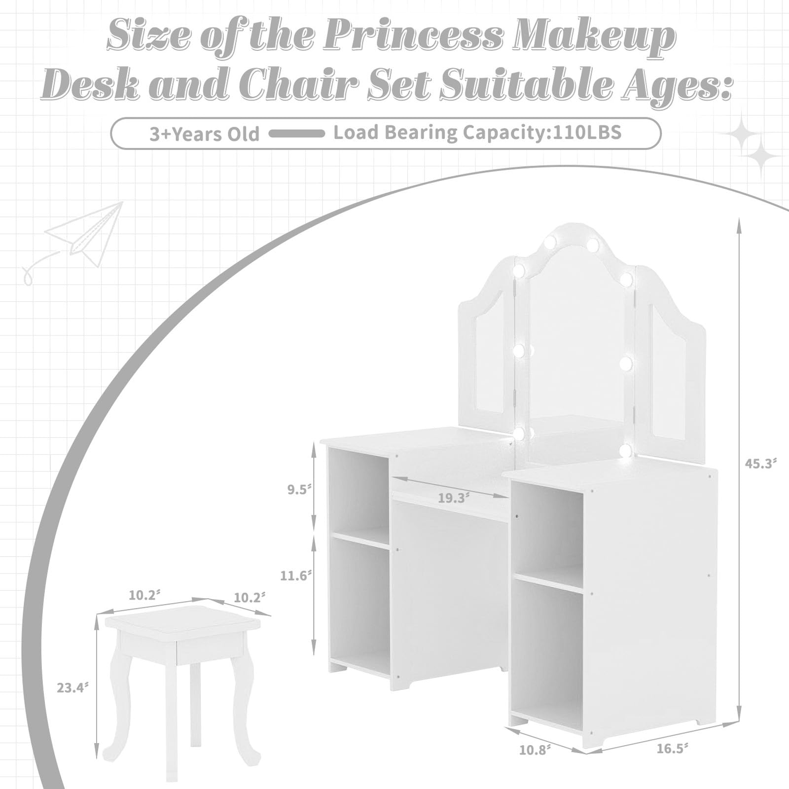 XJD Kids Vanity Set with Mirror, Stool & LED Lights - 2-in-1 Wooden Princess Makeup Desk & Storage Cabinet for Girls (White) - Perfect for Bedroom Decor, Birthday Gifts & Pretend Play