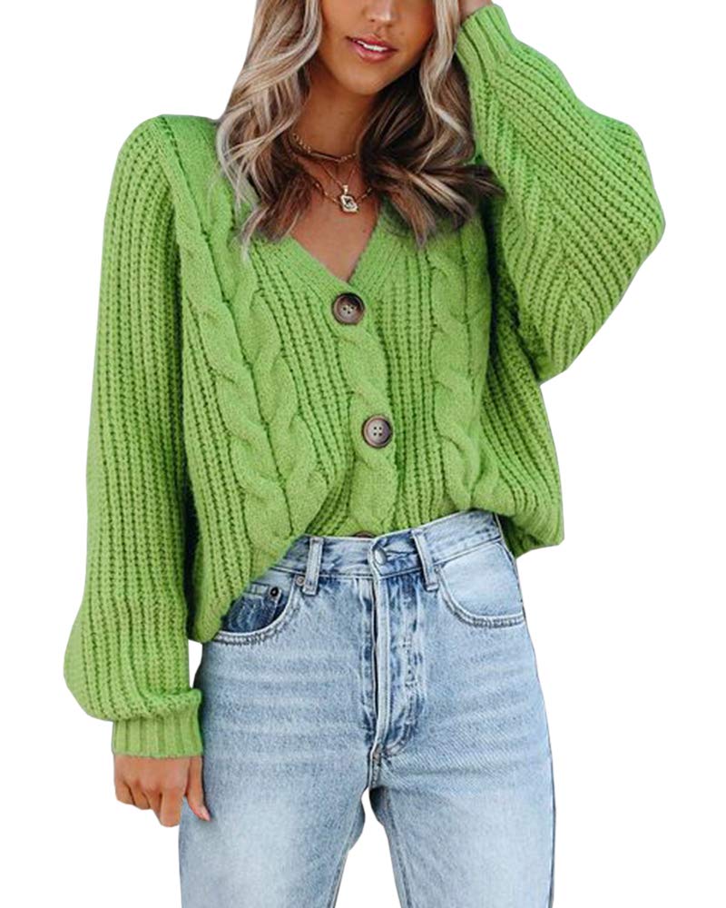 Women's V-Neck Button Down Cropped Cardigan - Chunky Cable Knit Long Sleeve Sweater Top for Fall & Winter | Casual Office Wear, Date Night Outfits, Layering Essential