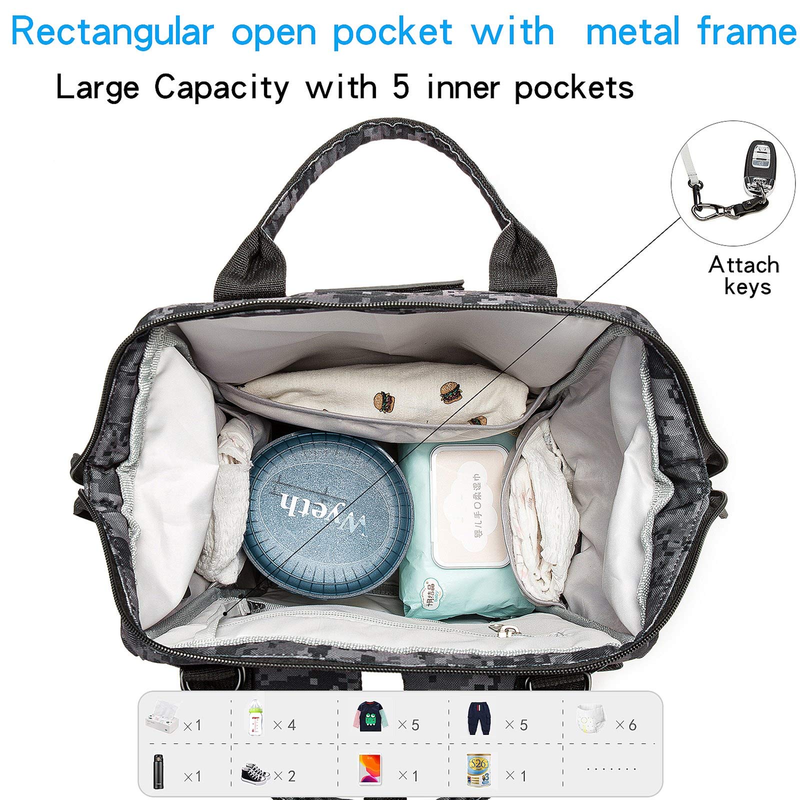 QWREOIA Diaper Bag Backpack with USB Charging Port, Stroller Straps & Insulated Pocket - Military Style Baby Changing Bag for Parents (Black Camo) - Perfect for Travel, Daycare & Family Outings