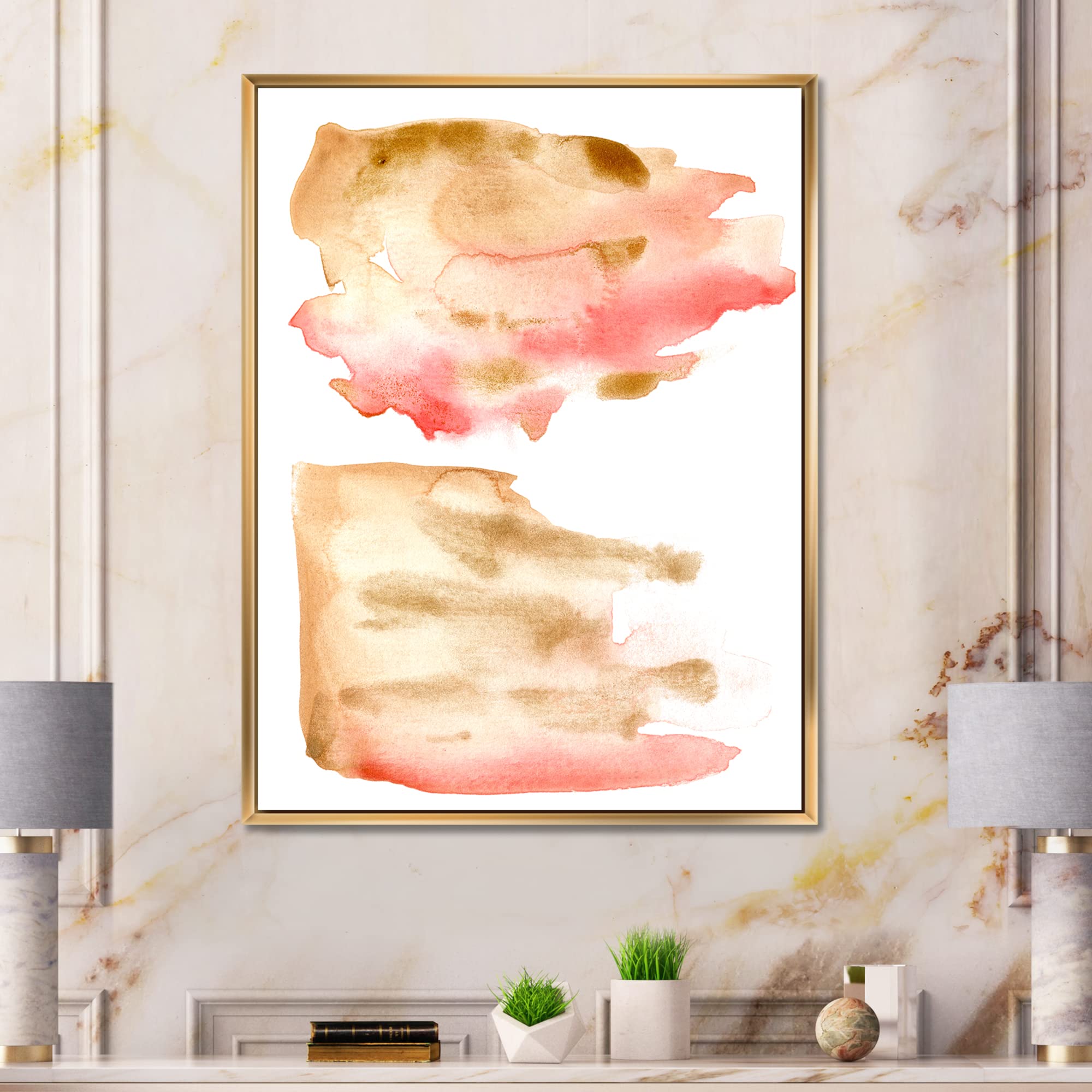 DesignQ Pink Gold Red Beige Abstract Clouds Framed Canvas Wall Art - Modern Home Decor for Living Room, Bedroom & Office