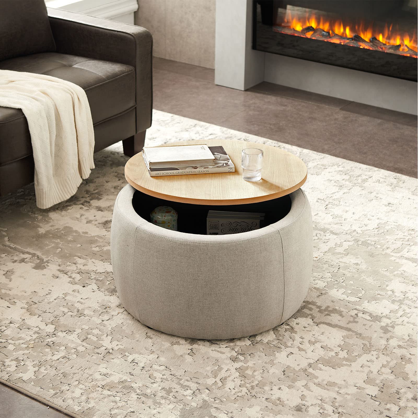 ADKINC Round Storage Ottoman Coffee Table with Wooden Lid - 25.5