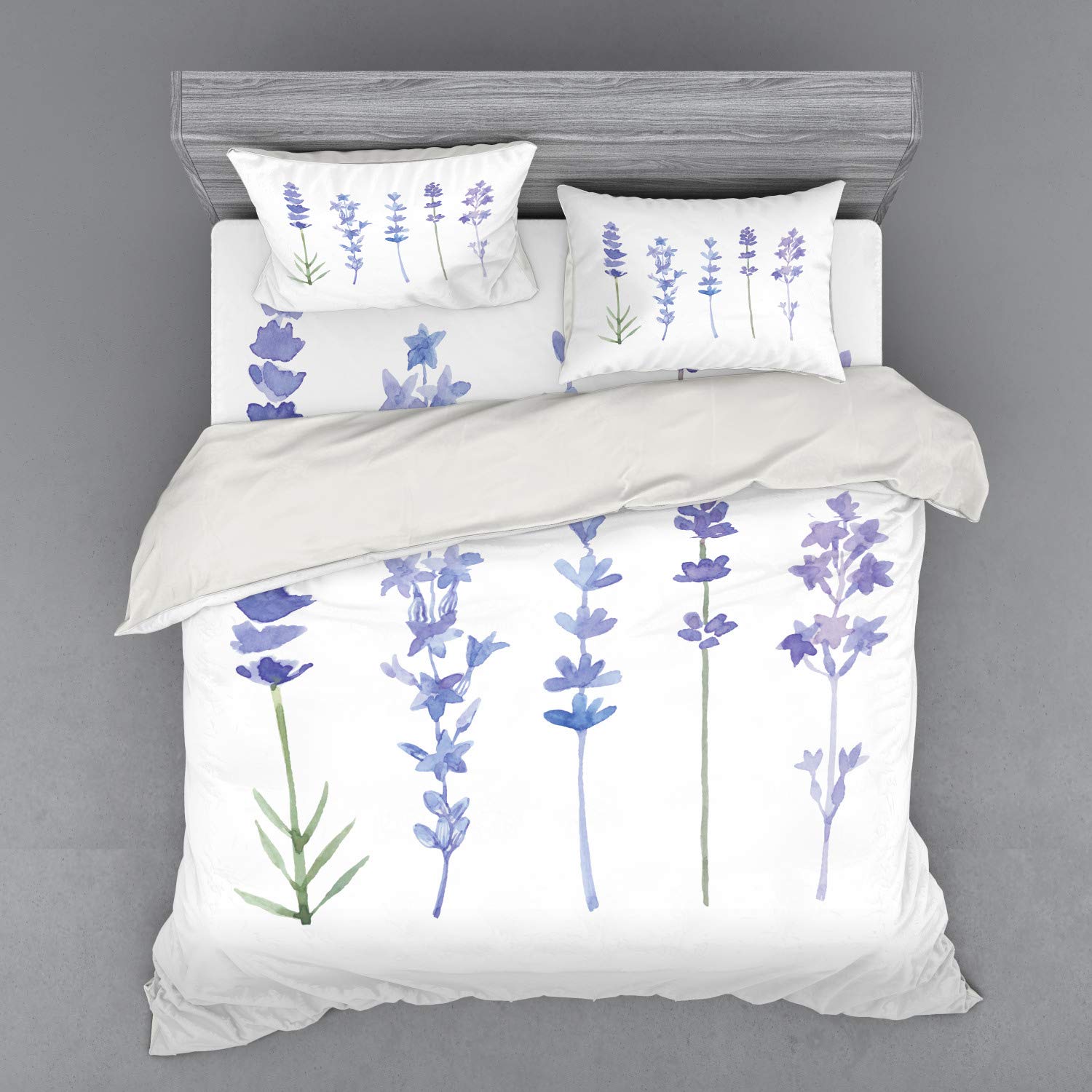 Ambesonne King Size 4-Piece Lavender Bedding Set - Watercolor Floral Herbs Design, Duvet Cover with Shams & Fitted Sheet, Lilac & Green - Perfect for Farmhouse, Cottage, or Boho Chic Bedroom Decor