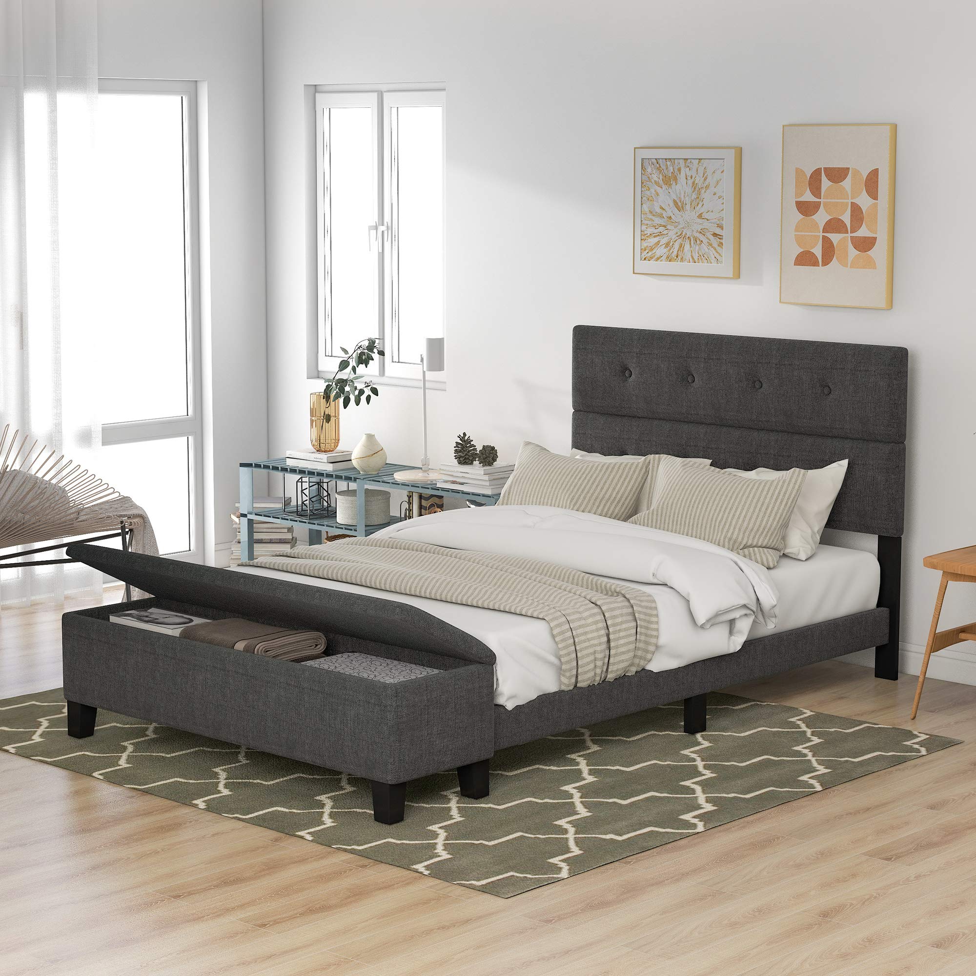 P PURLOVE Queen Upholstered Platform Bed Frame with Headboard & Underbed Storage - Wooden Bed Frame with Fabric Upholstery for Bedroom, Guest Room & Small Spaces | Modern & Space-Saving Design with Easy Assembly