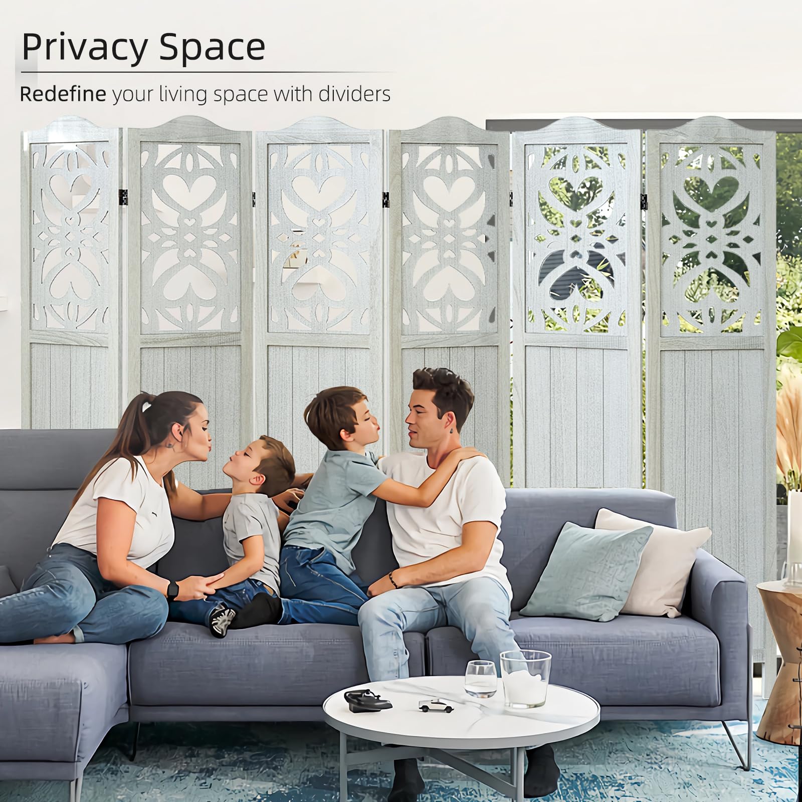 6 Panel Folding Room Divider Screen - 5.6Ft Tall Portable Privacy Partition for Bedroom, Home Office & Living Space | Light Gray Carved Design for Room Separation & Decoration