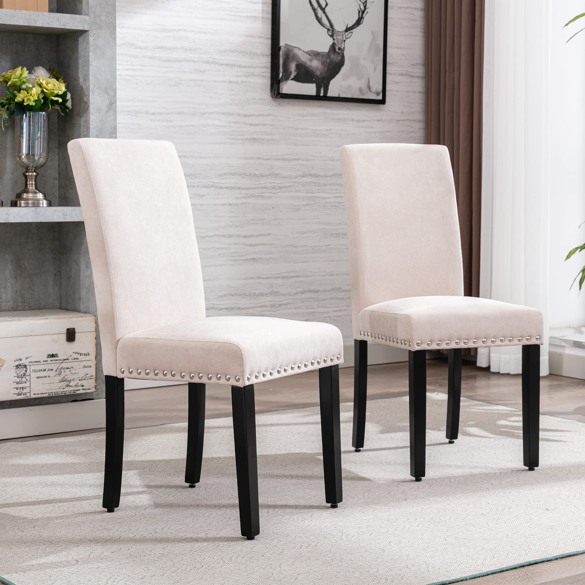 GOTMINSI Upholstered Fabric Dining Chairs Set of 2 - Padded Parson Chairs with Solid Wood Legs & Silver Nail Trim, Beige | Perfect for Kitchen, Dining Room & Living Room Seating