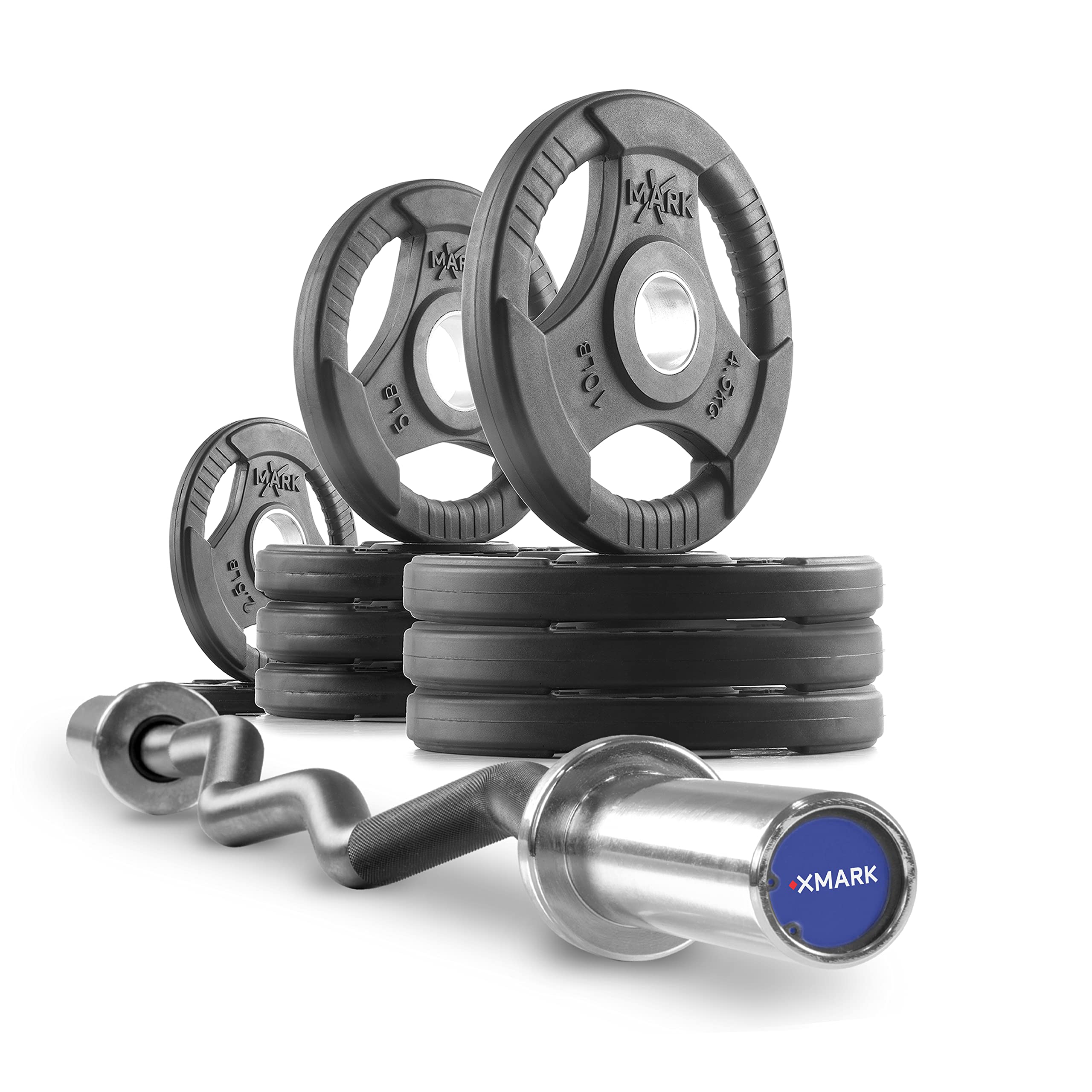 XMark EZ Curl Bar & Olympic Weight Set - 7ft Olympic Barbell, EZ Curl Bar & Weight Plates for Home Gym Strength Training - Perfect for Weightlifting, CrossFit & Bodybuilding Workouts