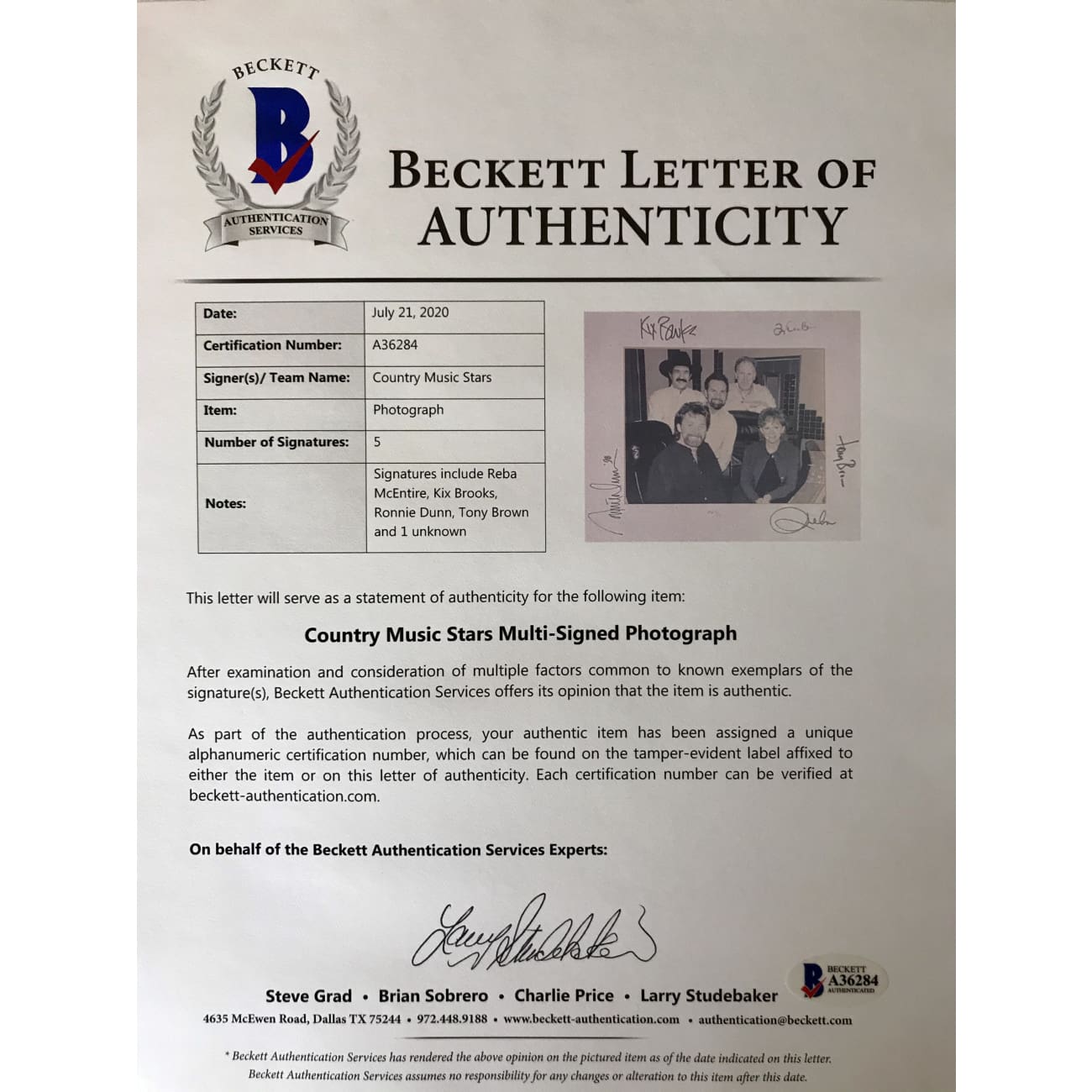 Brooks & Dunn & Reba McEntire Autographed Limited Edition Photo with BAS LOA - Country Music Collectible Memorabilia for Fans & Home Decor