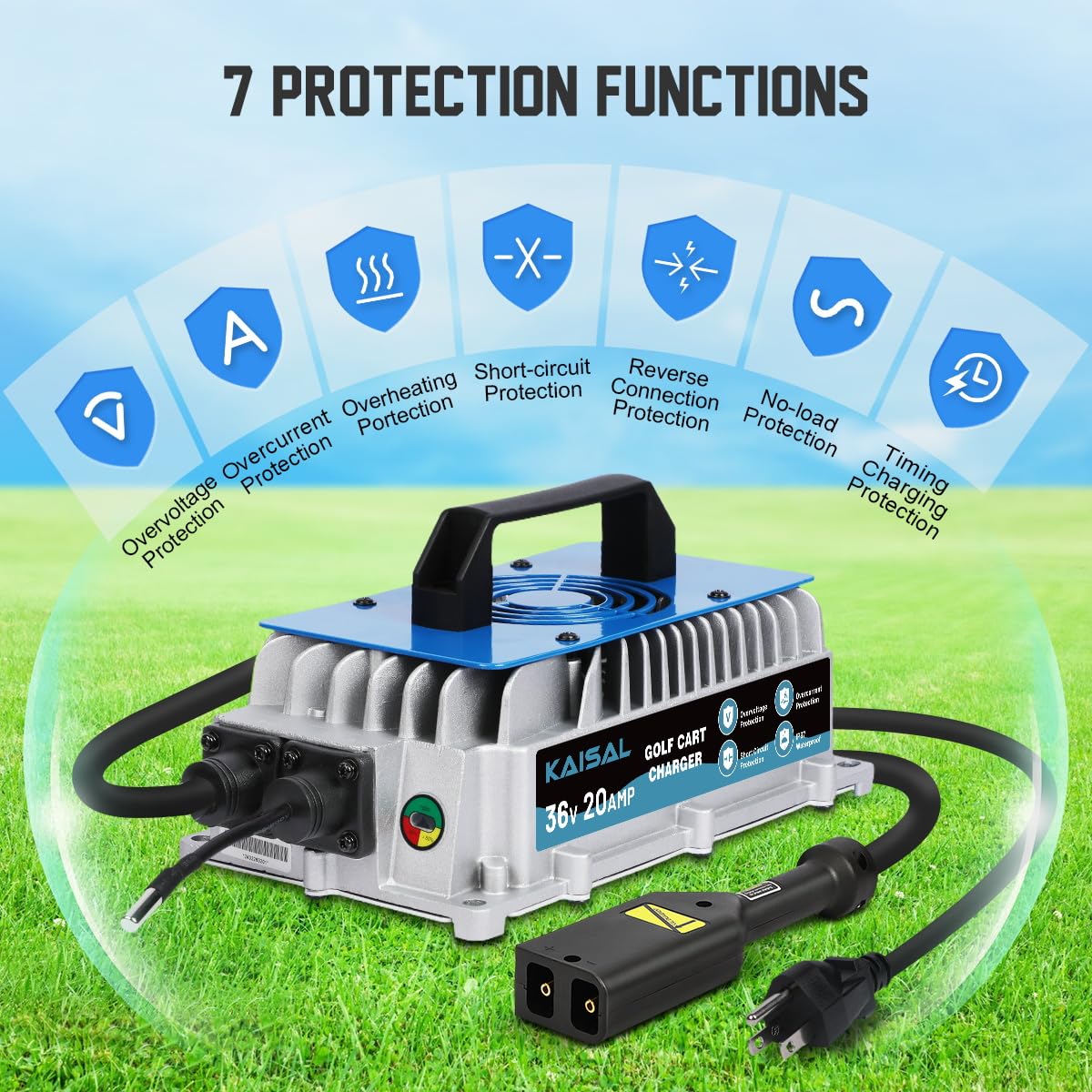 36V 20A EZGO Golf Cart Battery Charger - 1250W IP67 Waterproof with 16FT Cable - Fast 4-6 Hour Charge for EZGO TXT D-Plug & Lead-Acid Batteries - Perfect for Golf Courses, Resorts & Private Golf Cart Maintenance