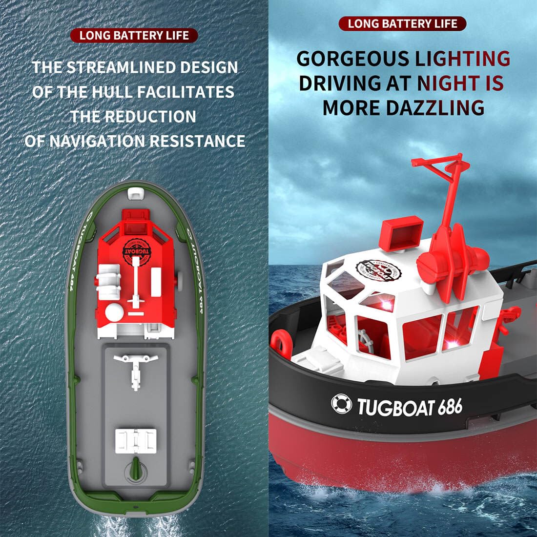 DECI 1:72 Scale 2.4Ghz Remote Control Tugboat - Waterproof RC Electric Boat with Auto Flip Recovery, Ready-to-Run RTR Model for Adults & Kids - Perfect for Pool, Lake or Bathtub Play