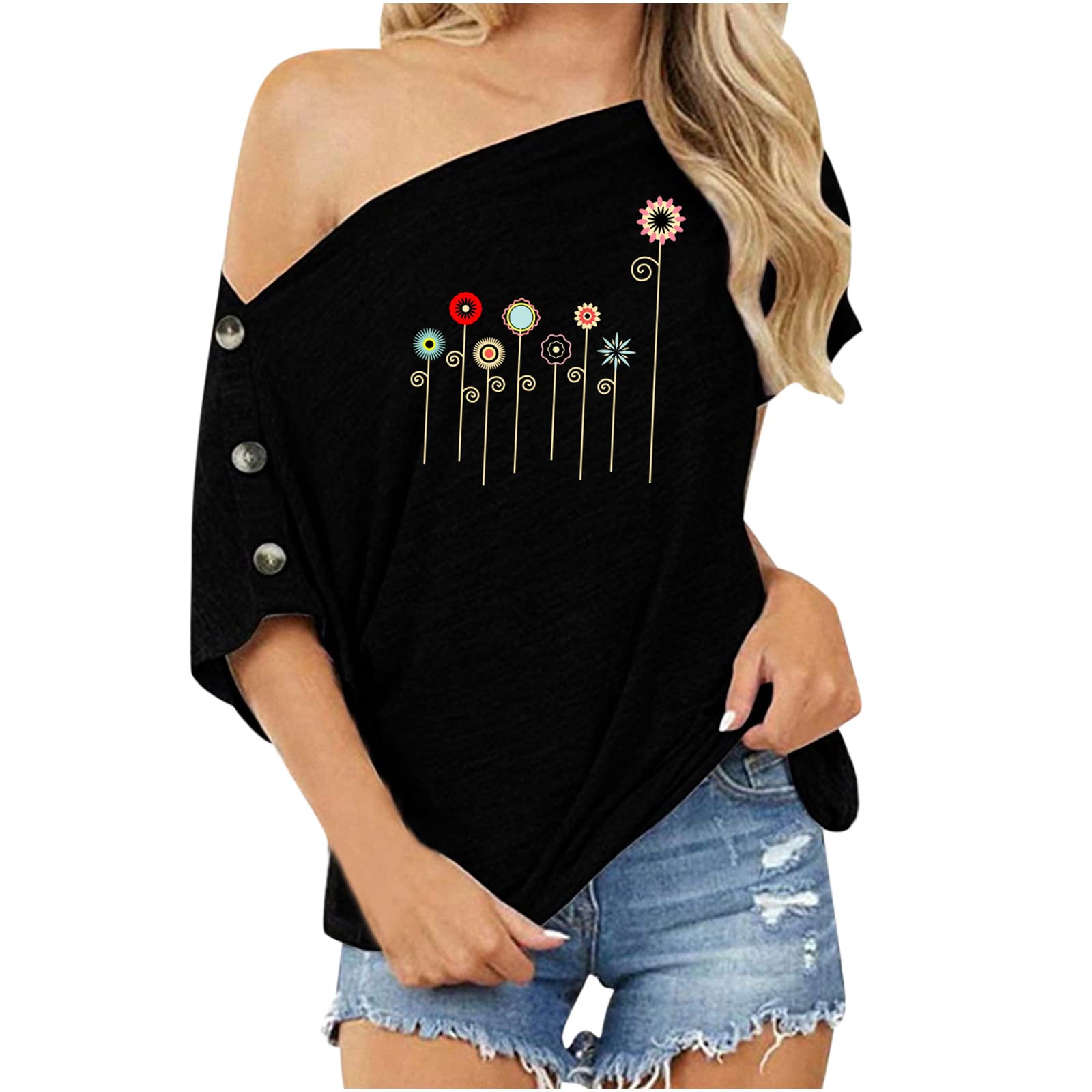 Women's Hawaiian Print One Shoulder Short Sleeve Blouse - Floral Casual Summer Tops for Beach Vacation, Pool Party & Tropical Getaway